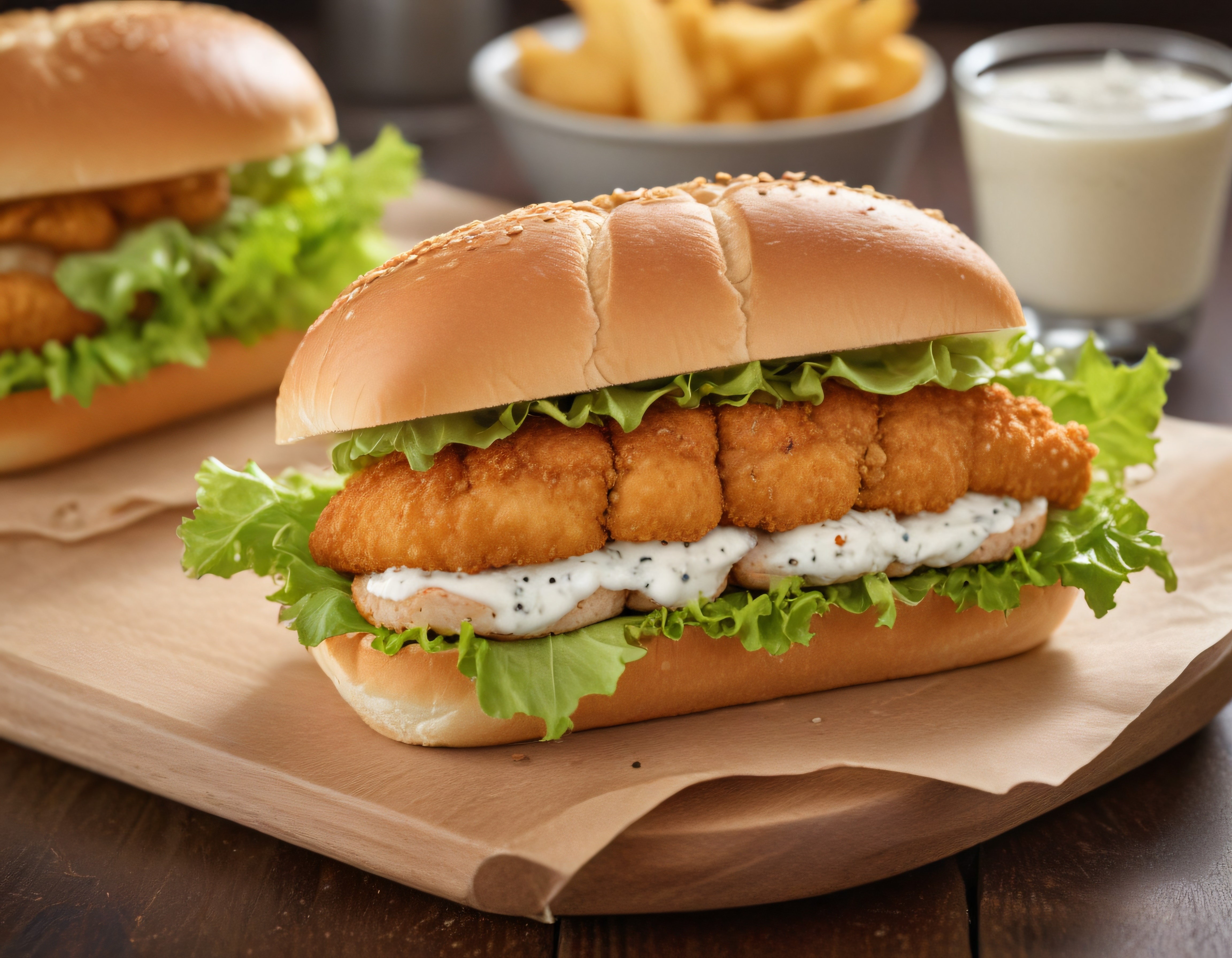 Kızarmış Balık Filetolu Susamlı Burger ve Yanında Çıtır Patates
