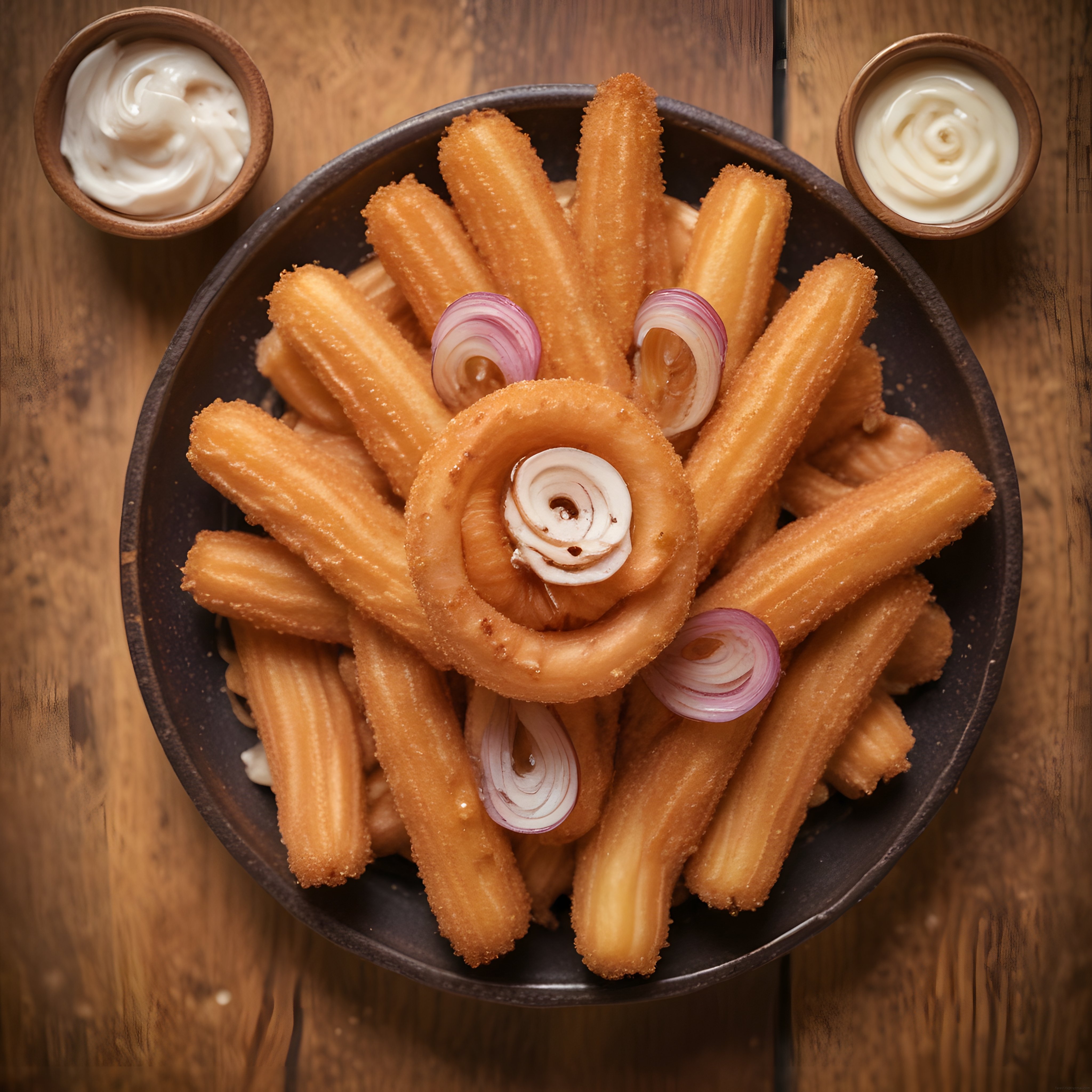 Kızarmış churros çubukları, soğan halkaları ve soslarla rustik sunum