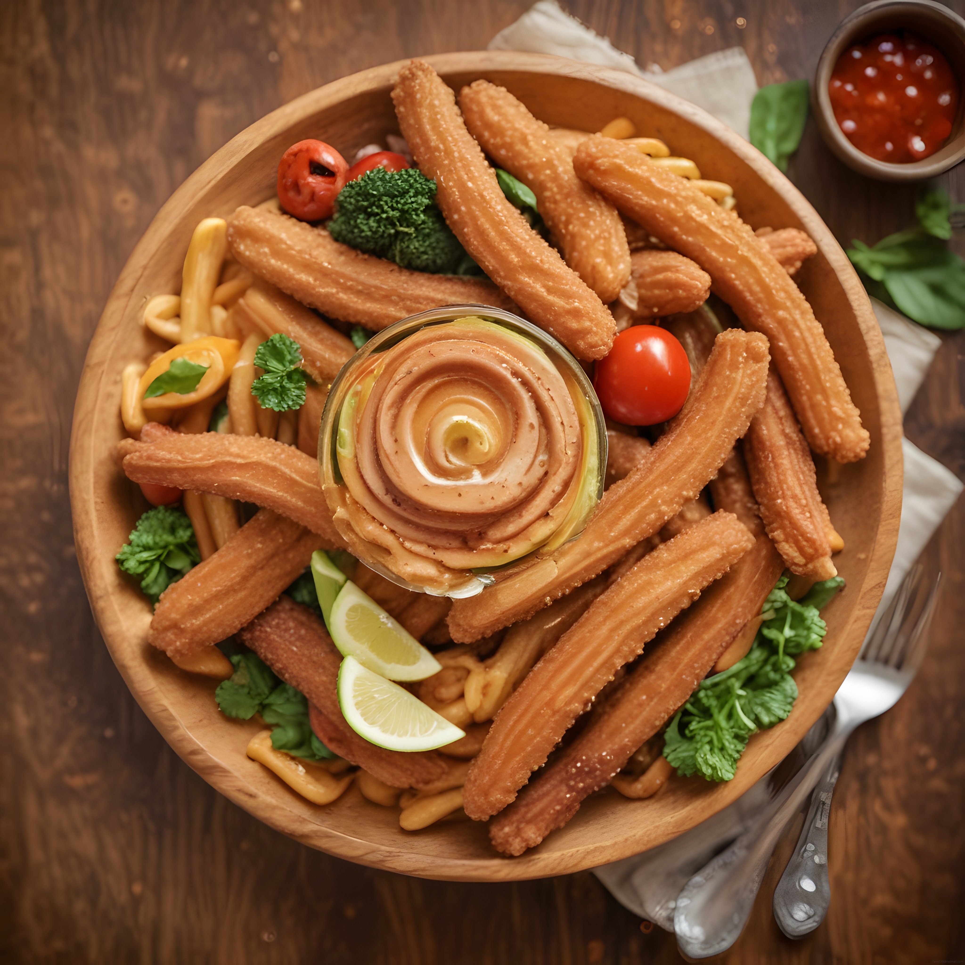 kızarmış churros ve gül şeklinde çikolatalı sosla rustik tatlı sunumu