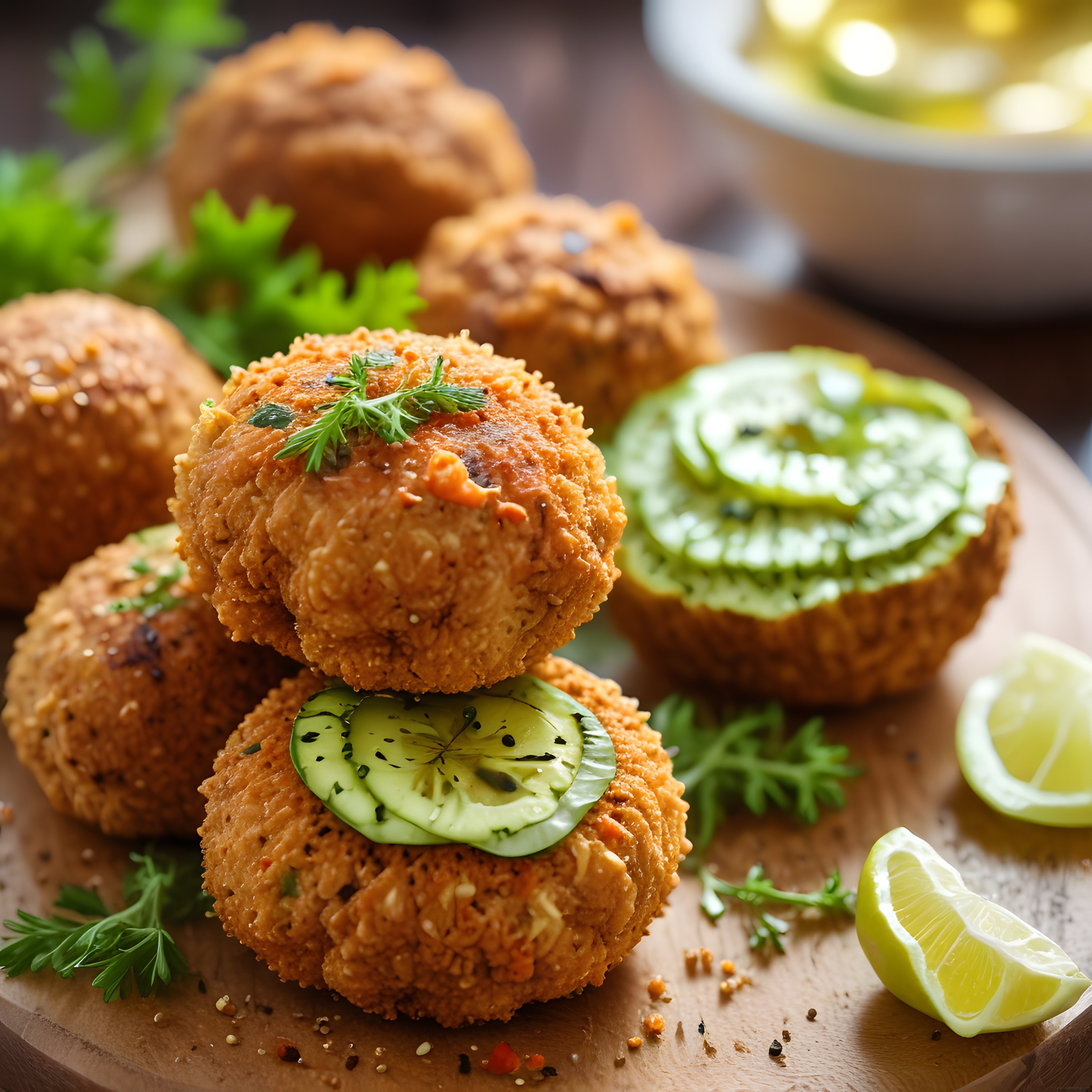 Kızarmış Çıtır Falafel Köfteleri Taze Salatalık ve Limon ile Ahşap Sunumda