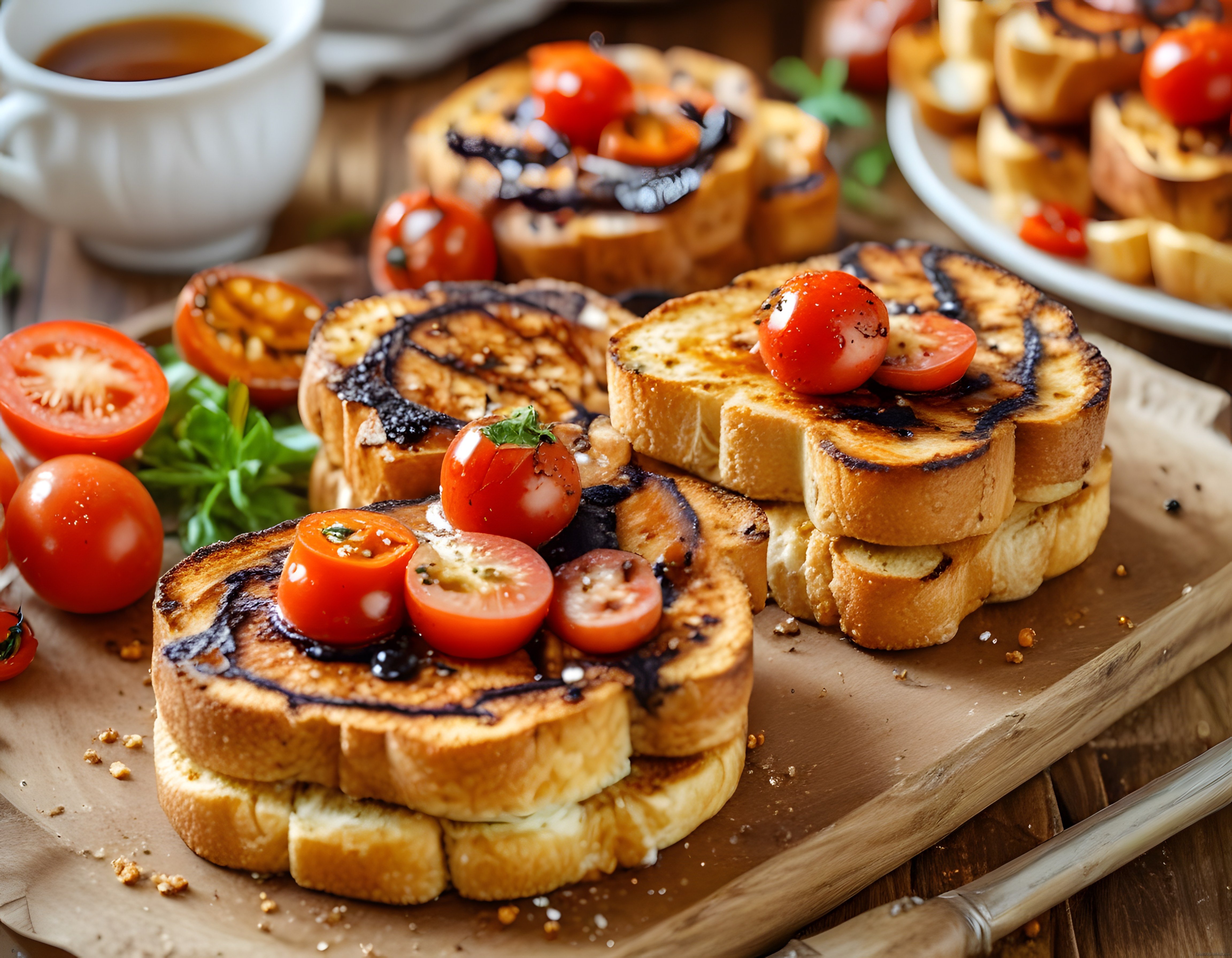 Kızarmış Ekmek Üzerinde Balsamik Soslu ve Domatesli Lezzetli Kahvaltılık Tostlar