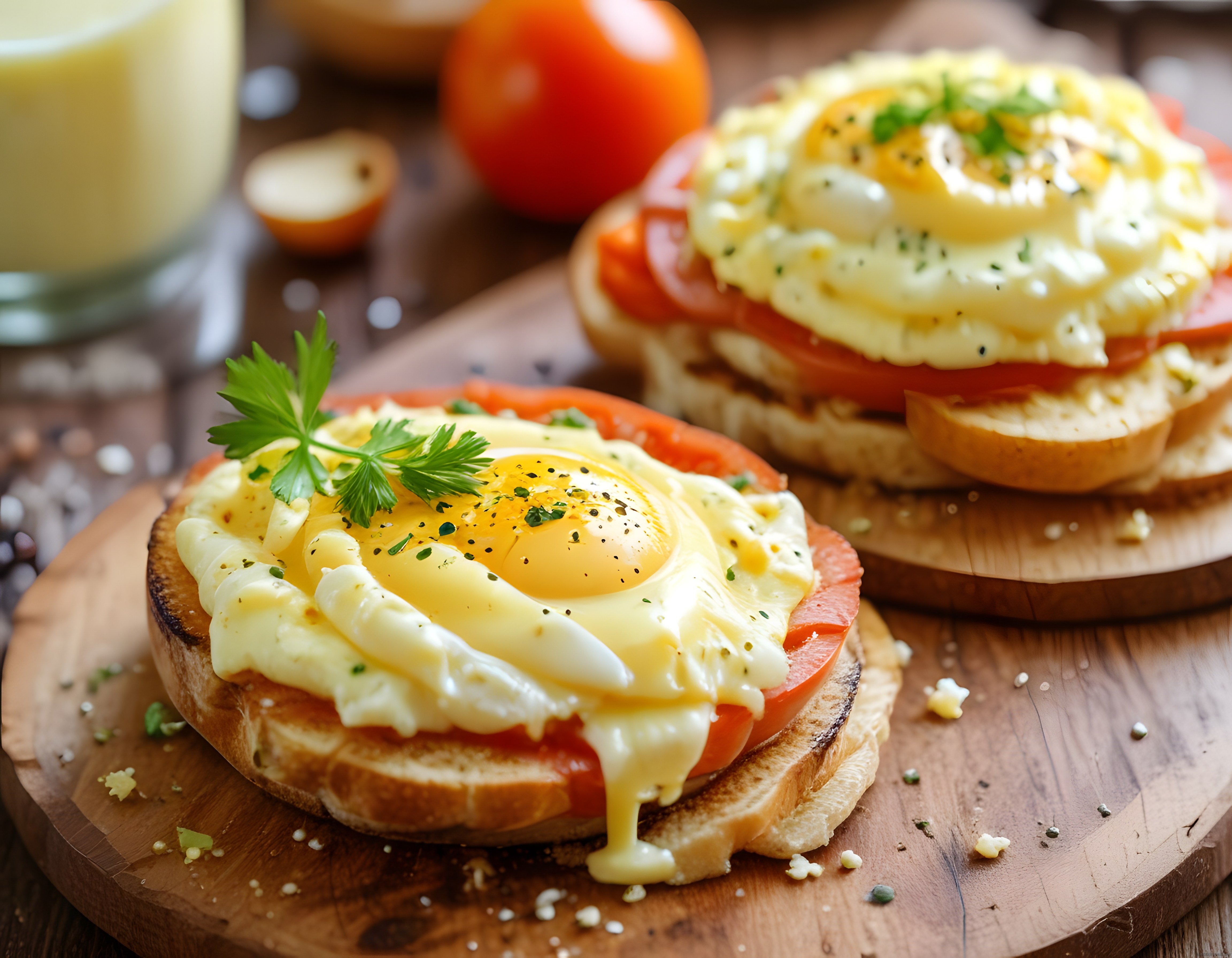 Kızarmış Ekmek Üzerinde Domates ve Akıkan Yumurtalı Leziz Kahvaltı Tabağı