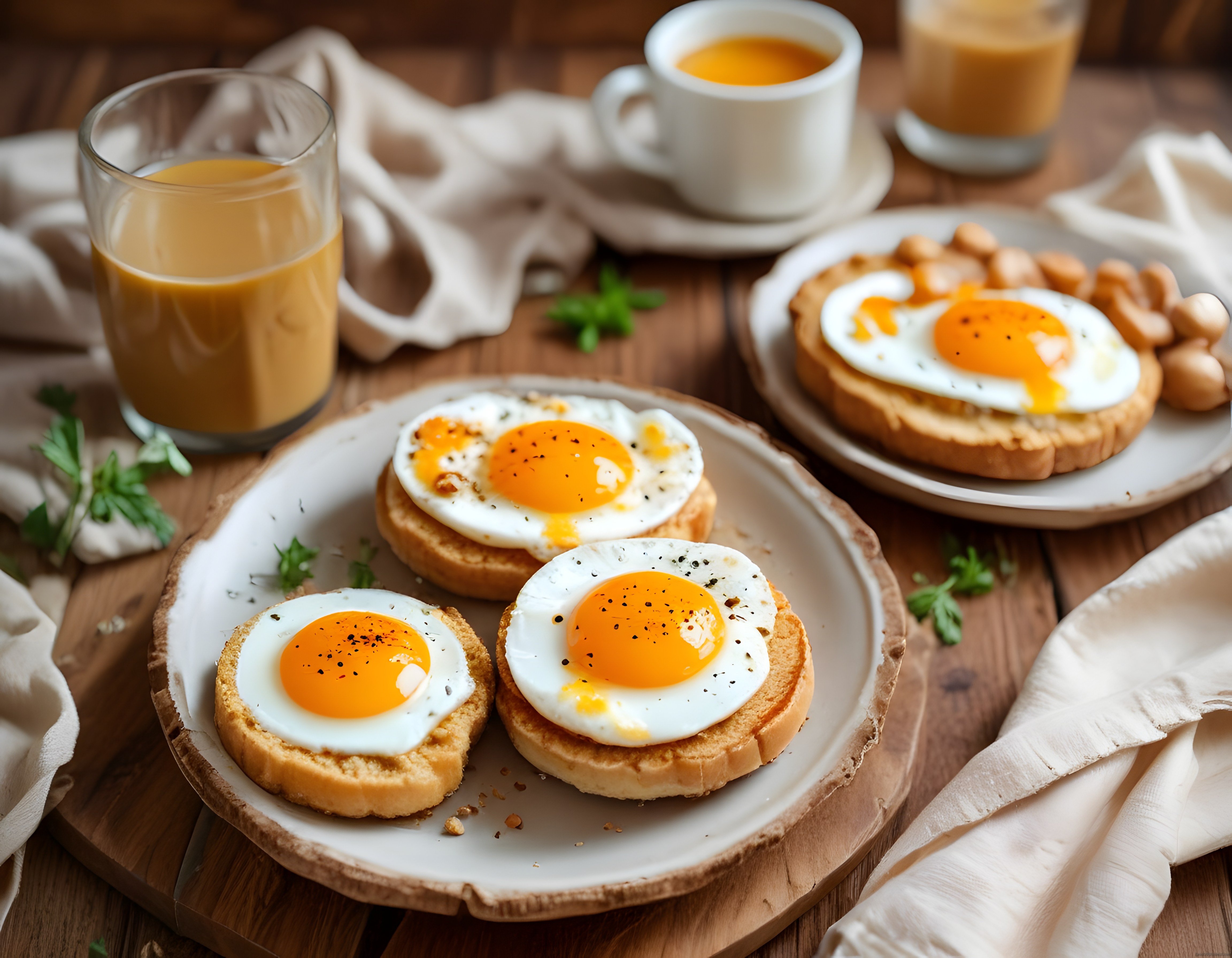 Kızarmış Ekmek Üzerinde Güneş Gibi Pişmiş Yumurtalarla Sıcak Kahvaltı Sofrası