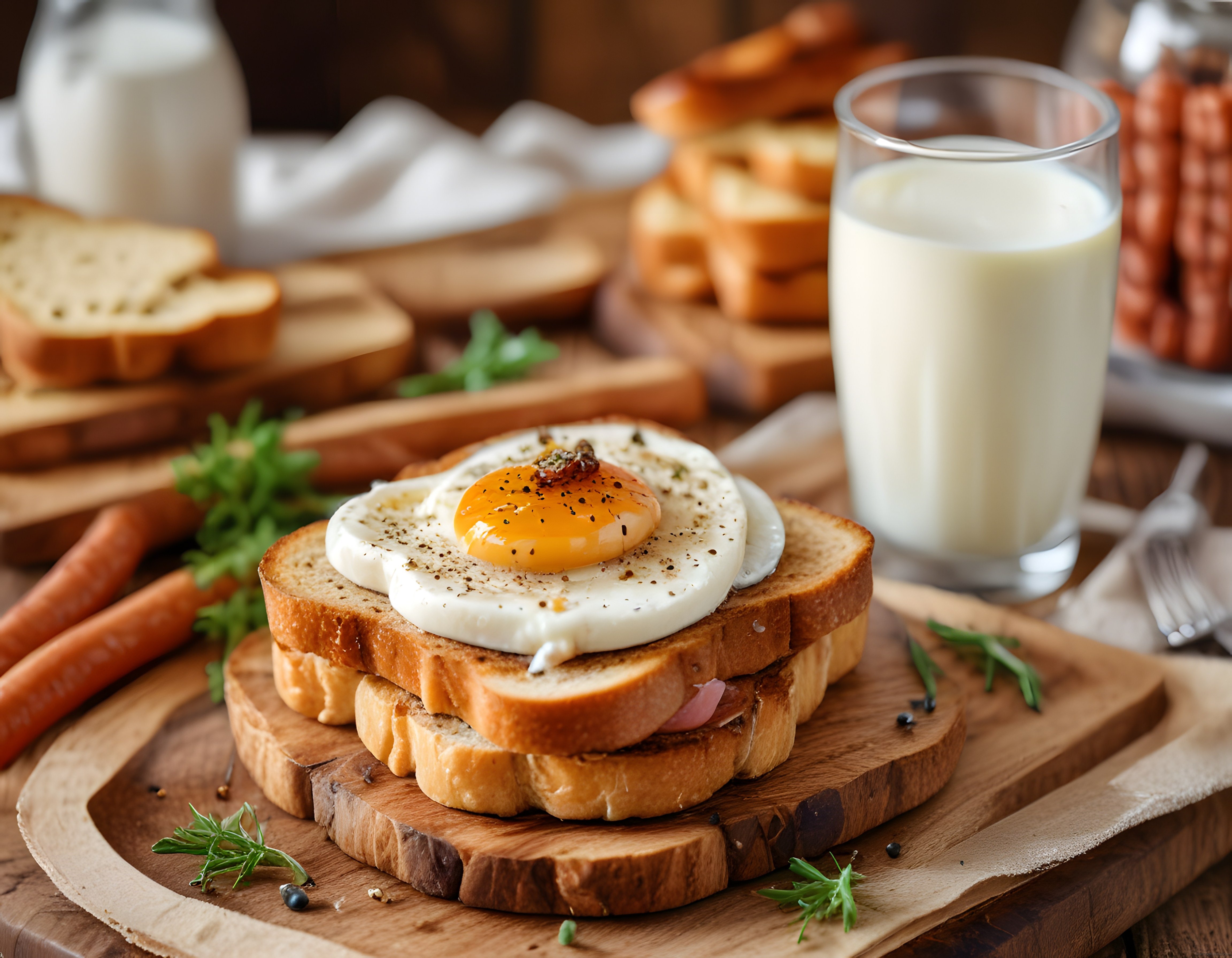 Kızarmış Ekmek Üzerinde Mükemmel Pişmiş Yumurta ve Süt Bardağı ile Kahvaltı