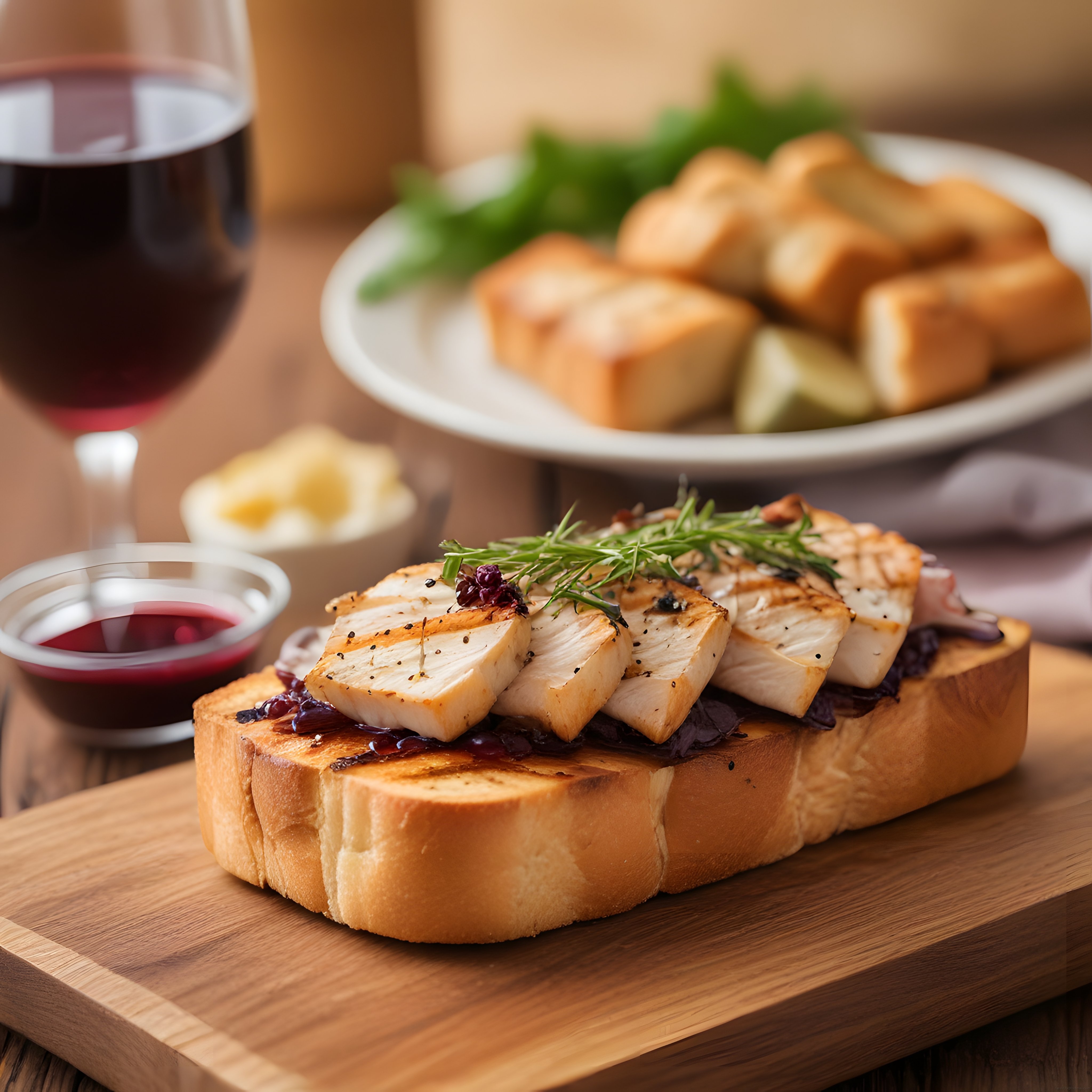 Kızarmış Ekmek Üzerinde Tavuklu Bruschetta ve Kırmızı Şarap Sunumu