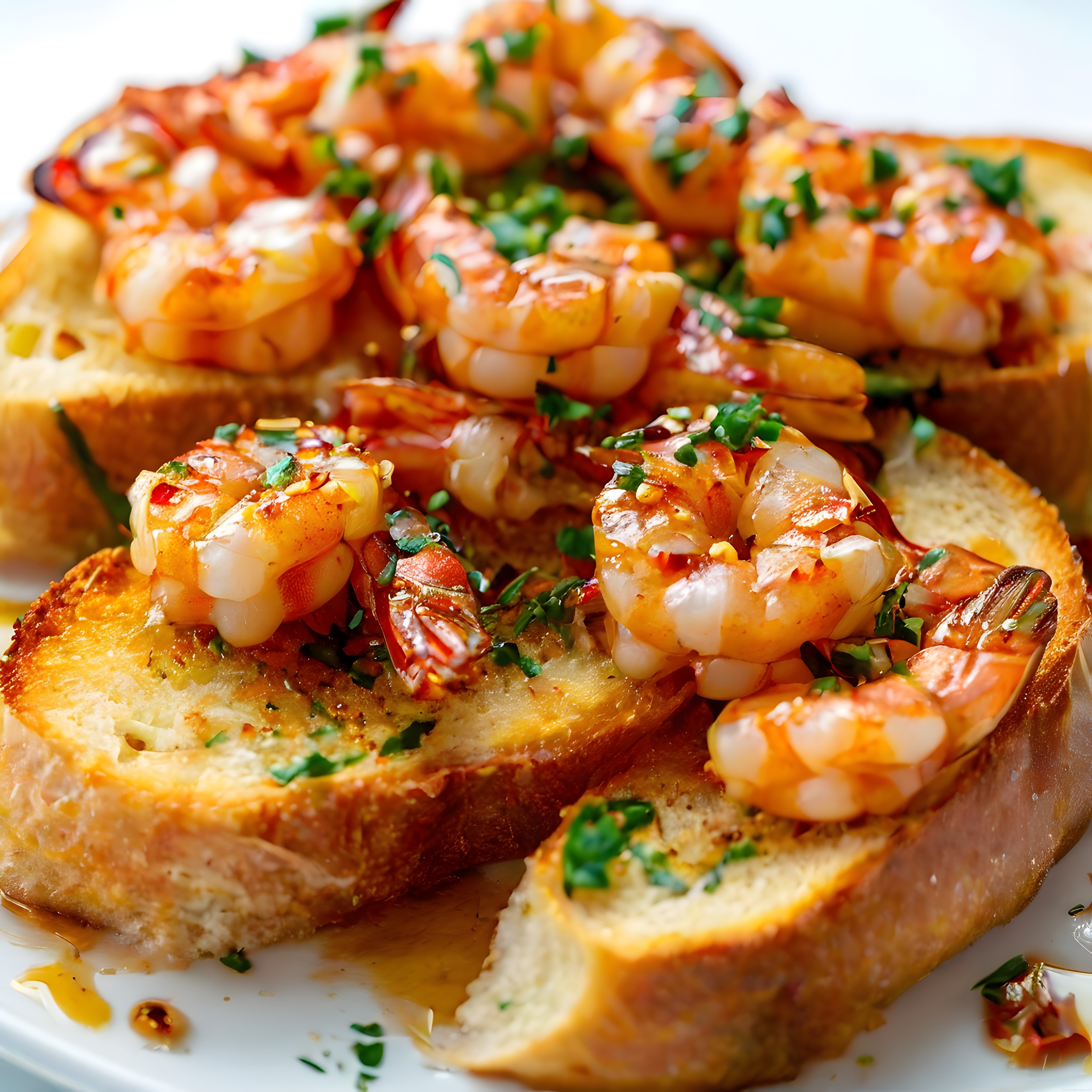 Kızarmış ekmek üzerinde tereyağlı sarımsaklı karides bruschetta
