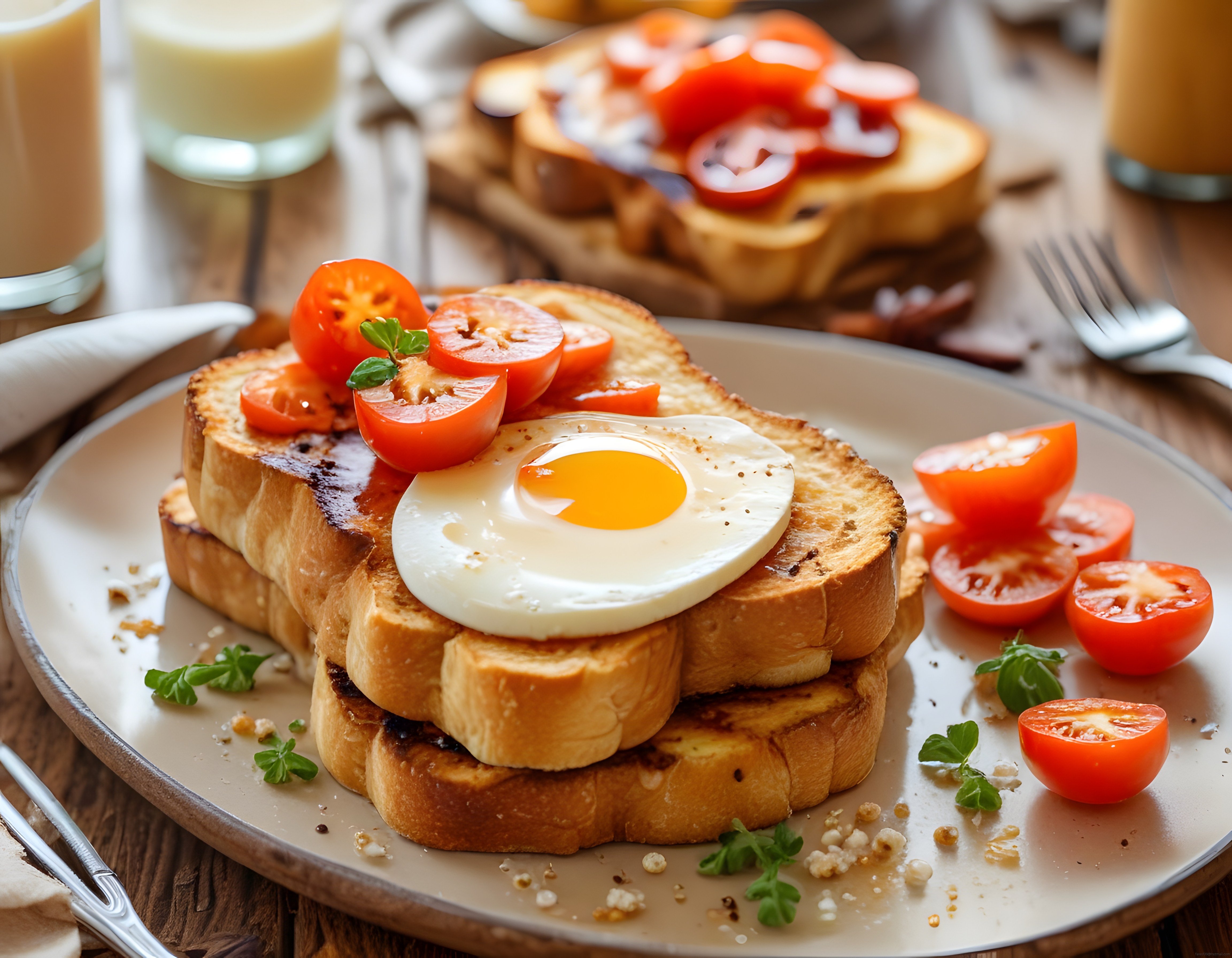 Kızarmış Ekmek Üzerinde Tereyağlı Yumurta ve Domatesli Nefis Kahvaltı Tabağı