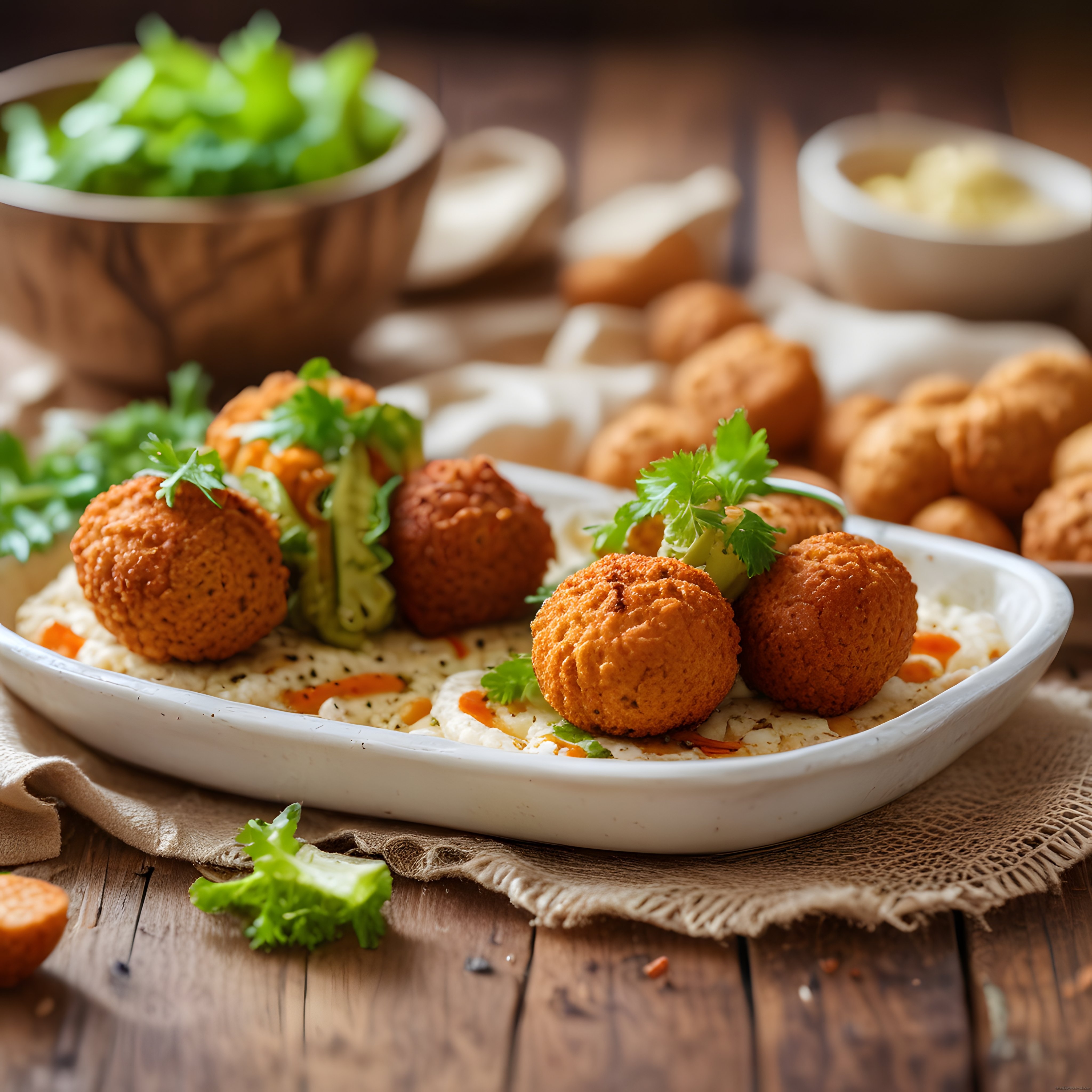 kızarmış falafel humus eşliğinde rustik ahşap masada sıcak sofra
