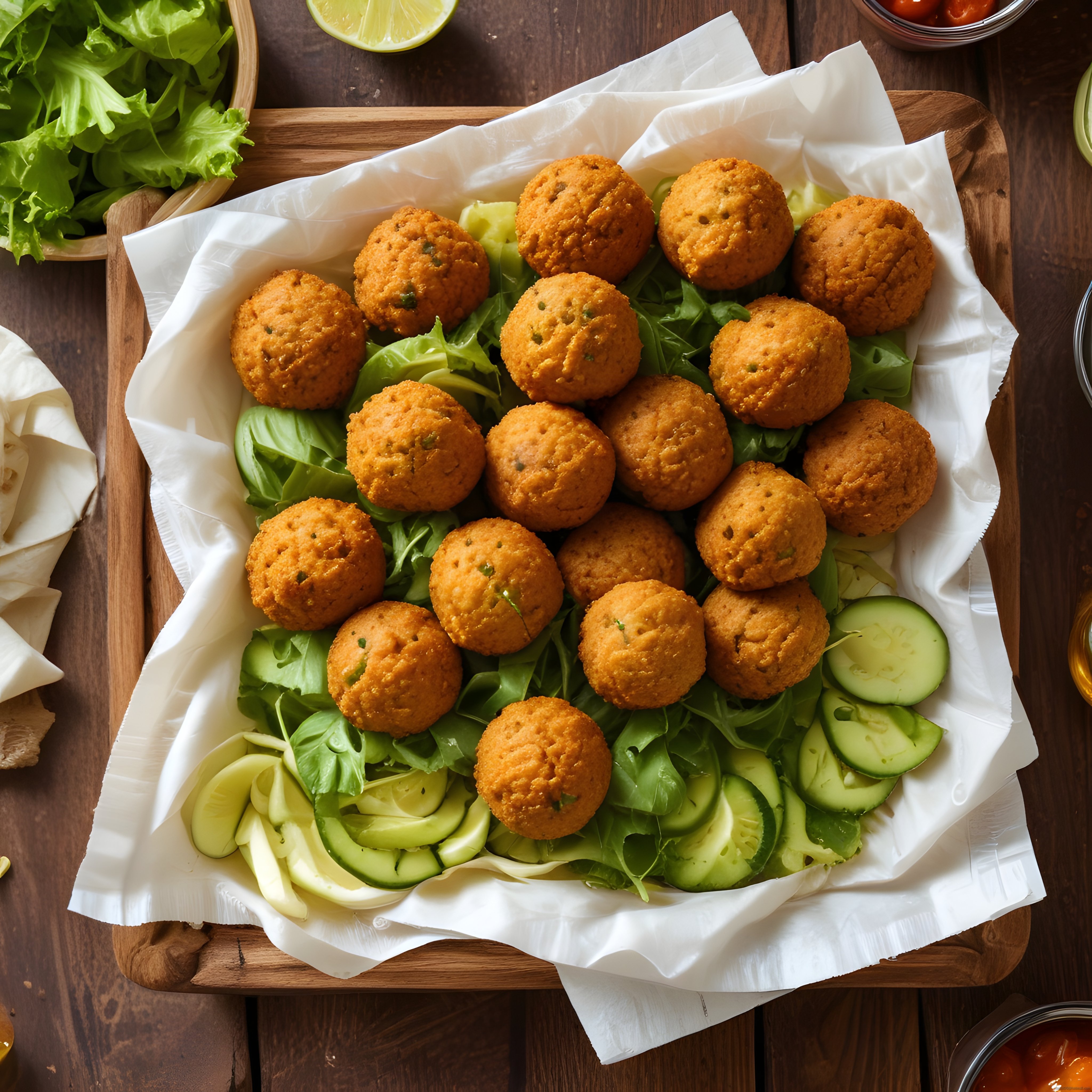 kızarmış falafel köfteleri marul salatalık ve lime ile rustik ahşap sunumda