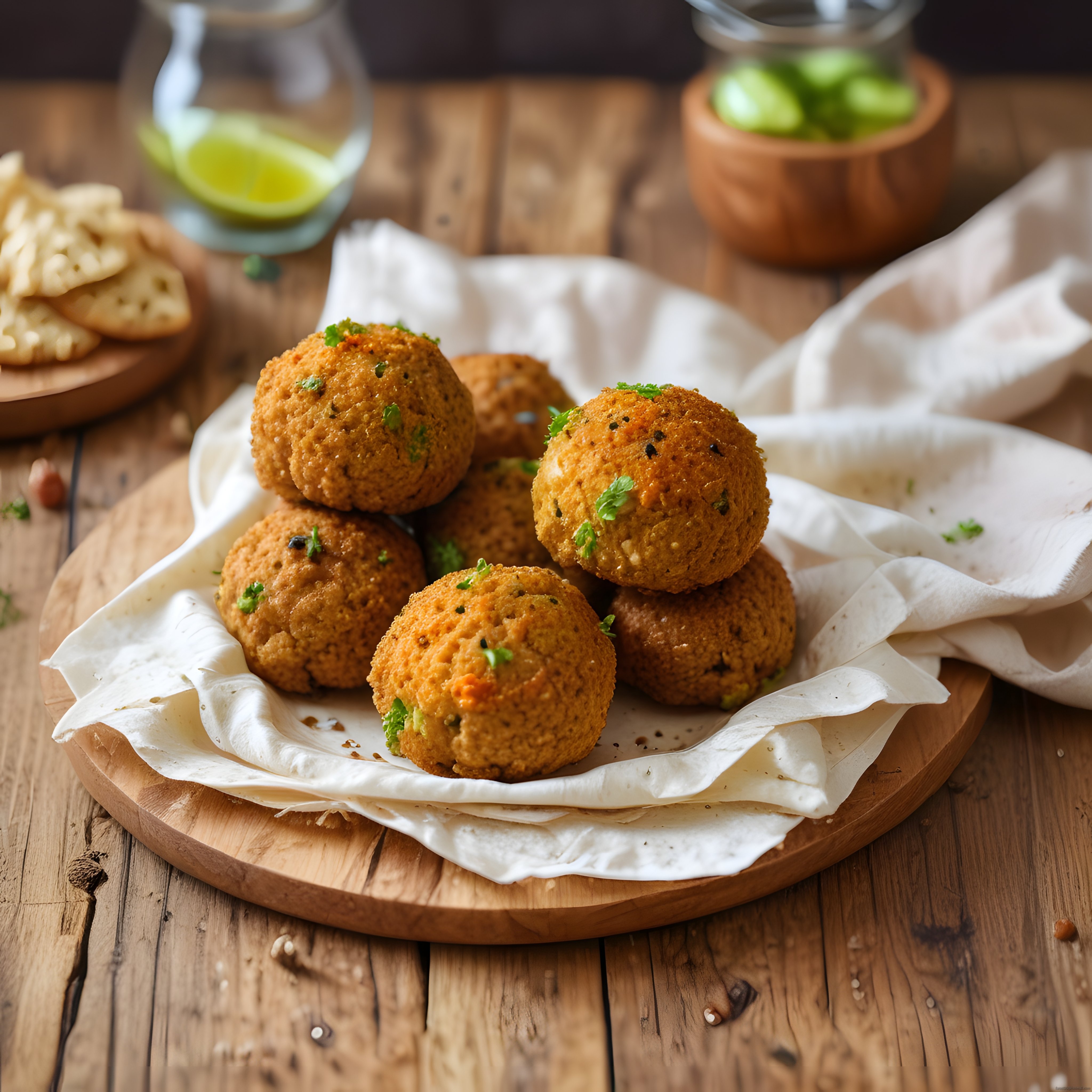 Kızarmış falafel köfteleri rustik ahşap sunum tahtasında otlarla süslenmiş