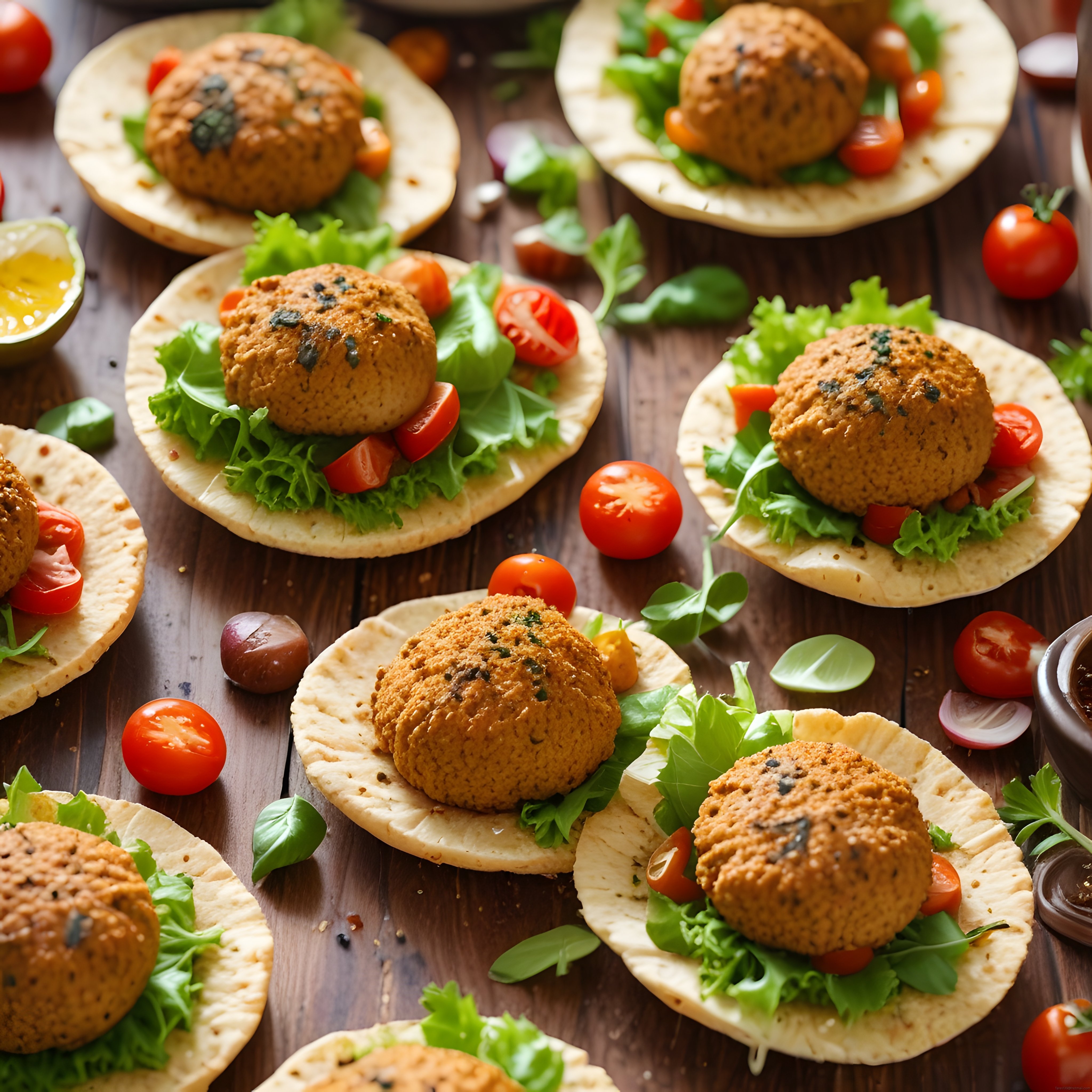 Kızarmış Falafel Köfteleri ve Lavaş Üzerinde Taze Sebzelerle Lezzetli Sunum