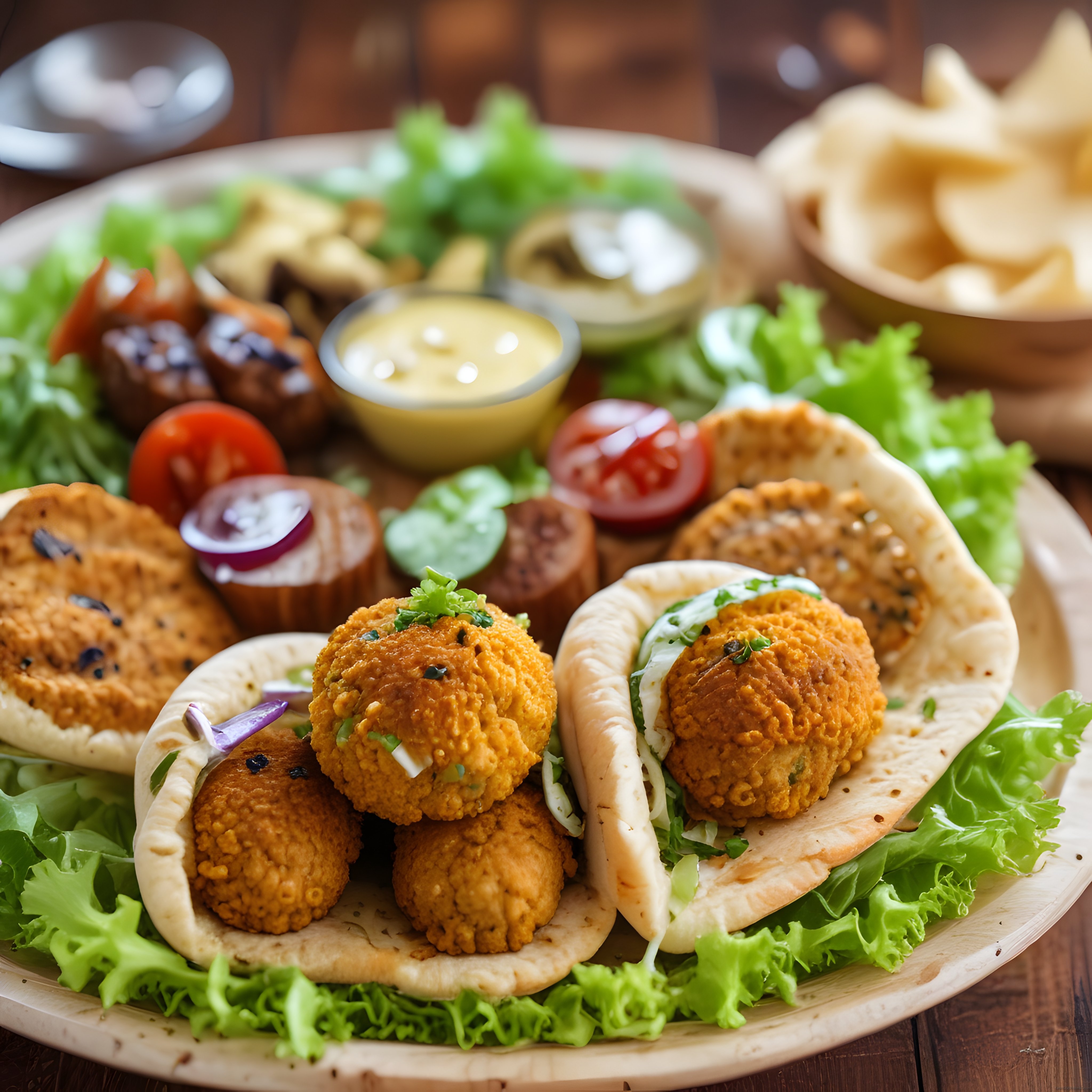 Kızarmış Falafel Köfteleri ve Taze Sebzelerle Zengin Ortadoğu Tabağı