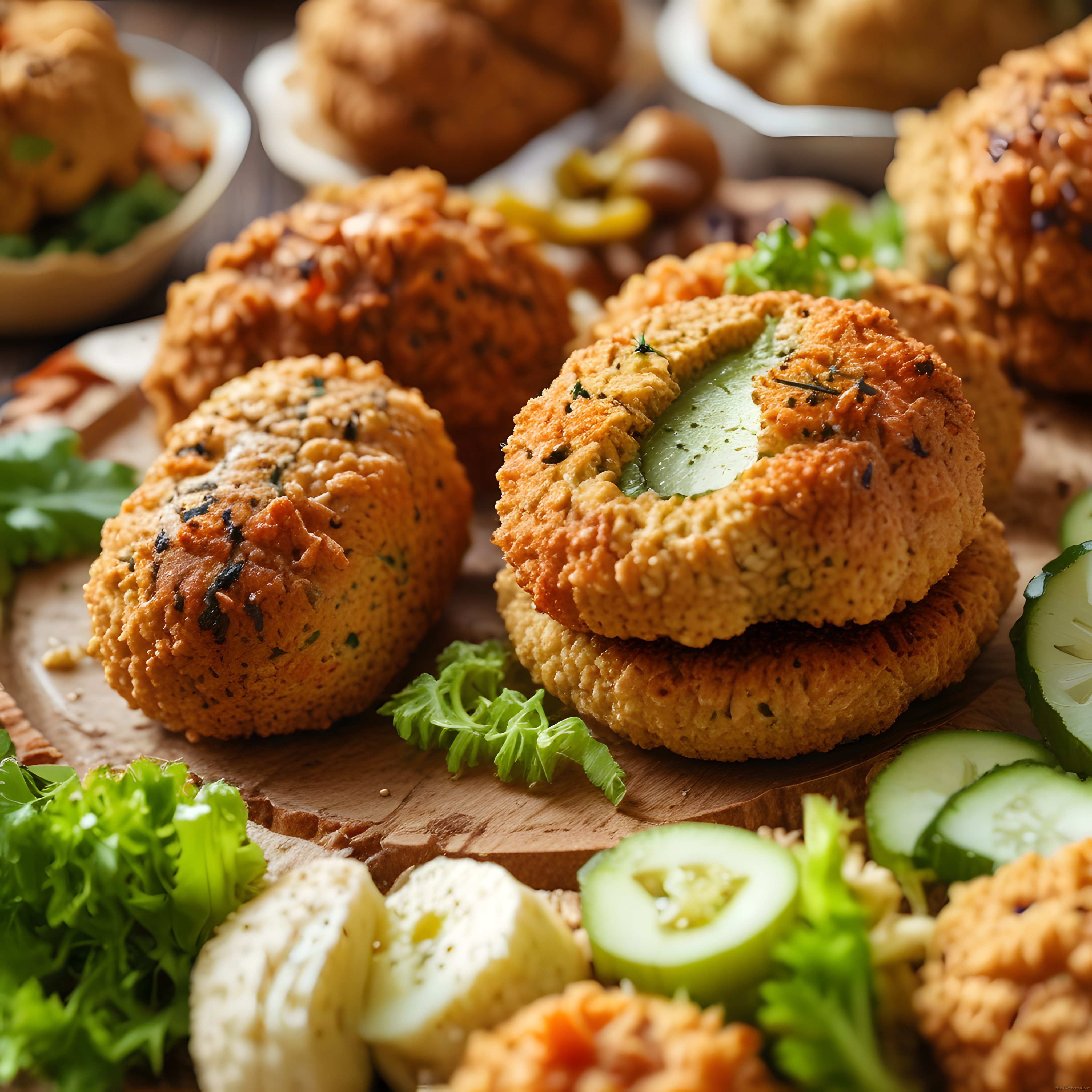 Kızarmış Falafel Köfteleri ve Yeşilliklerle Hazırlanmış Ortadoğu Tabağı