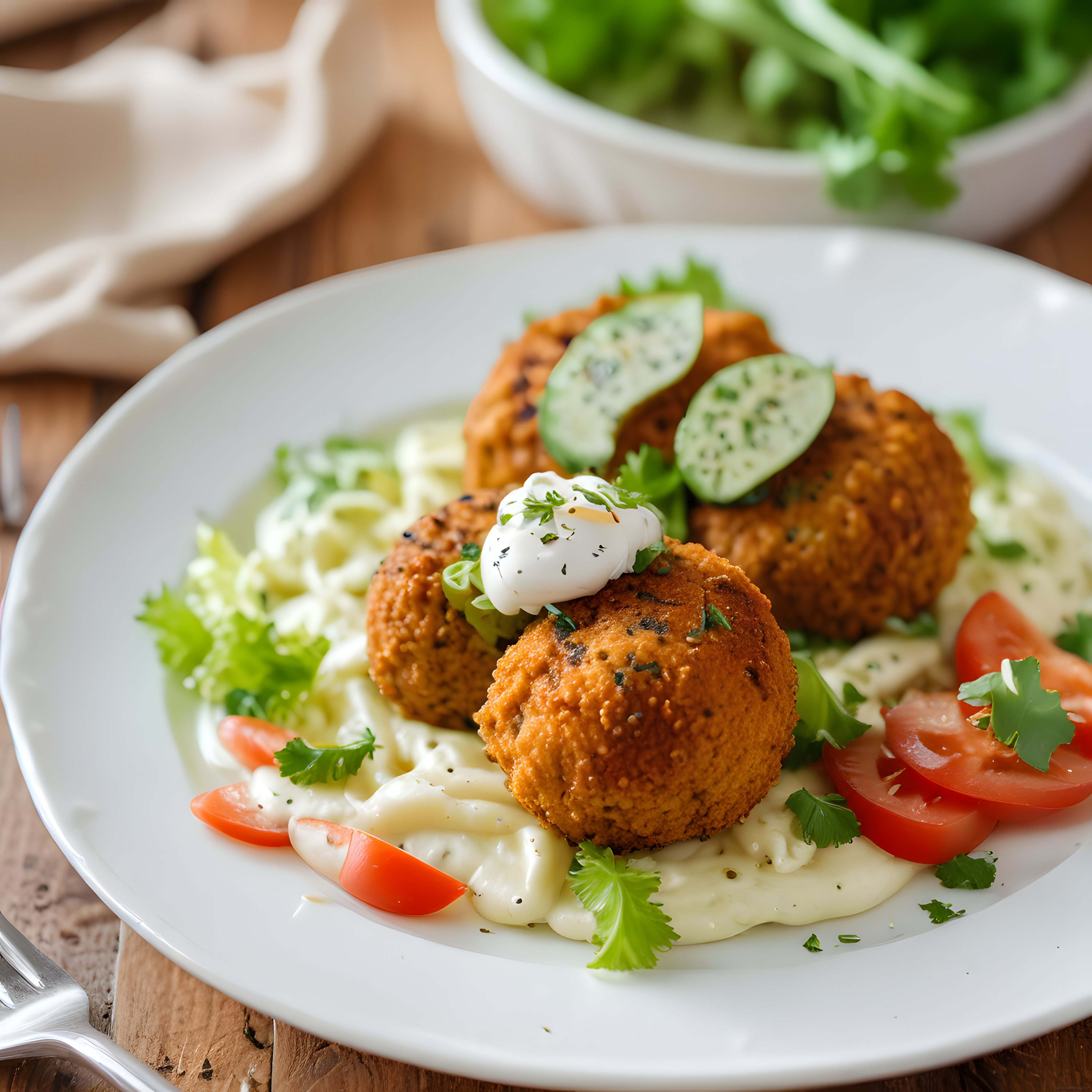 Kızarmış Falafel Köfteleri, Yoğurt Sosu ve Taze Sebzelerle Sunum