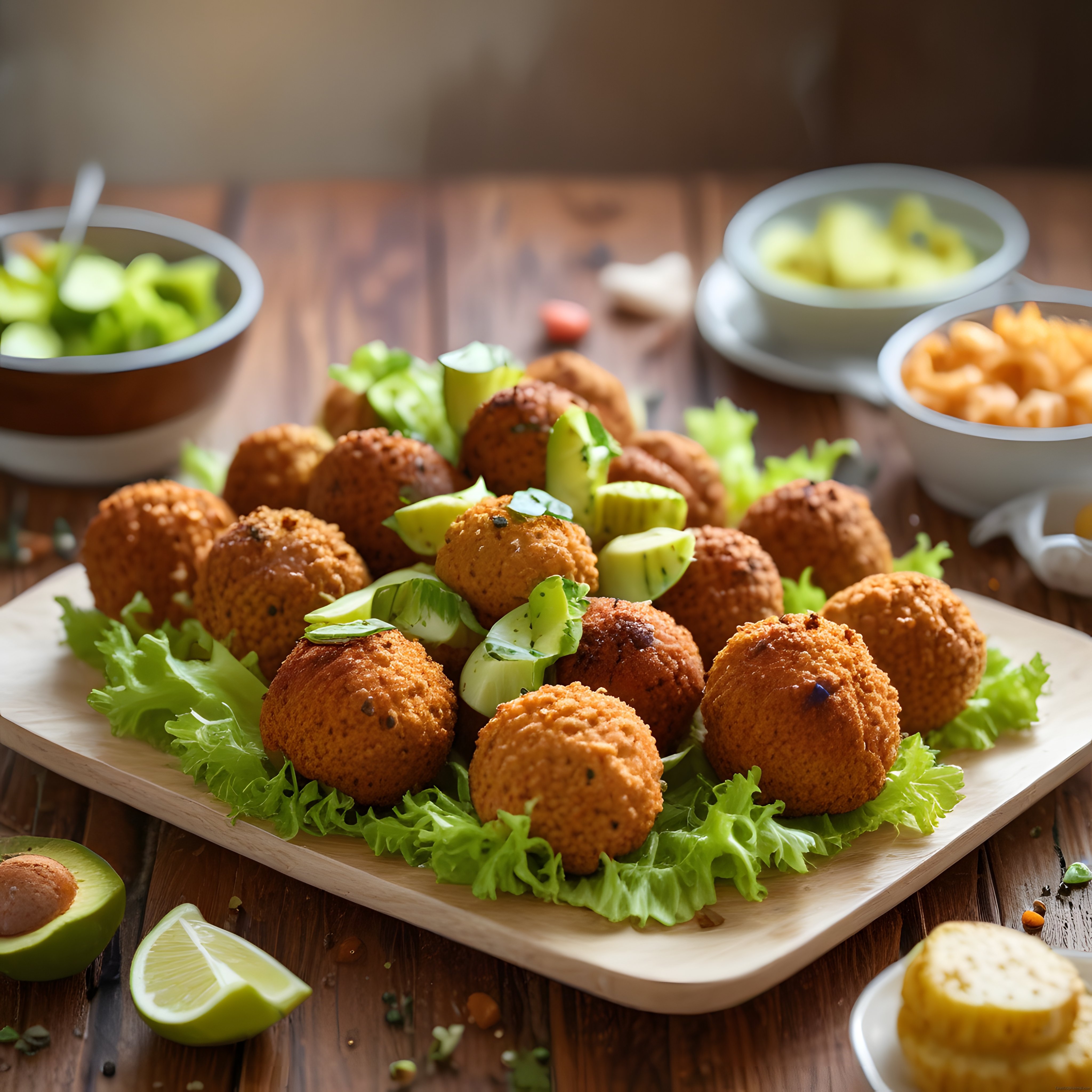 Kızarmış Falafel Topları, Marul ve Salatalık ile Zengin Sunum Tabağı