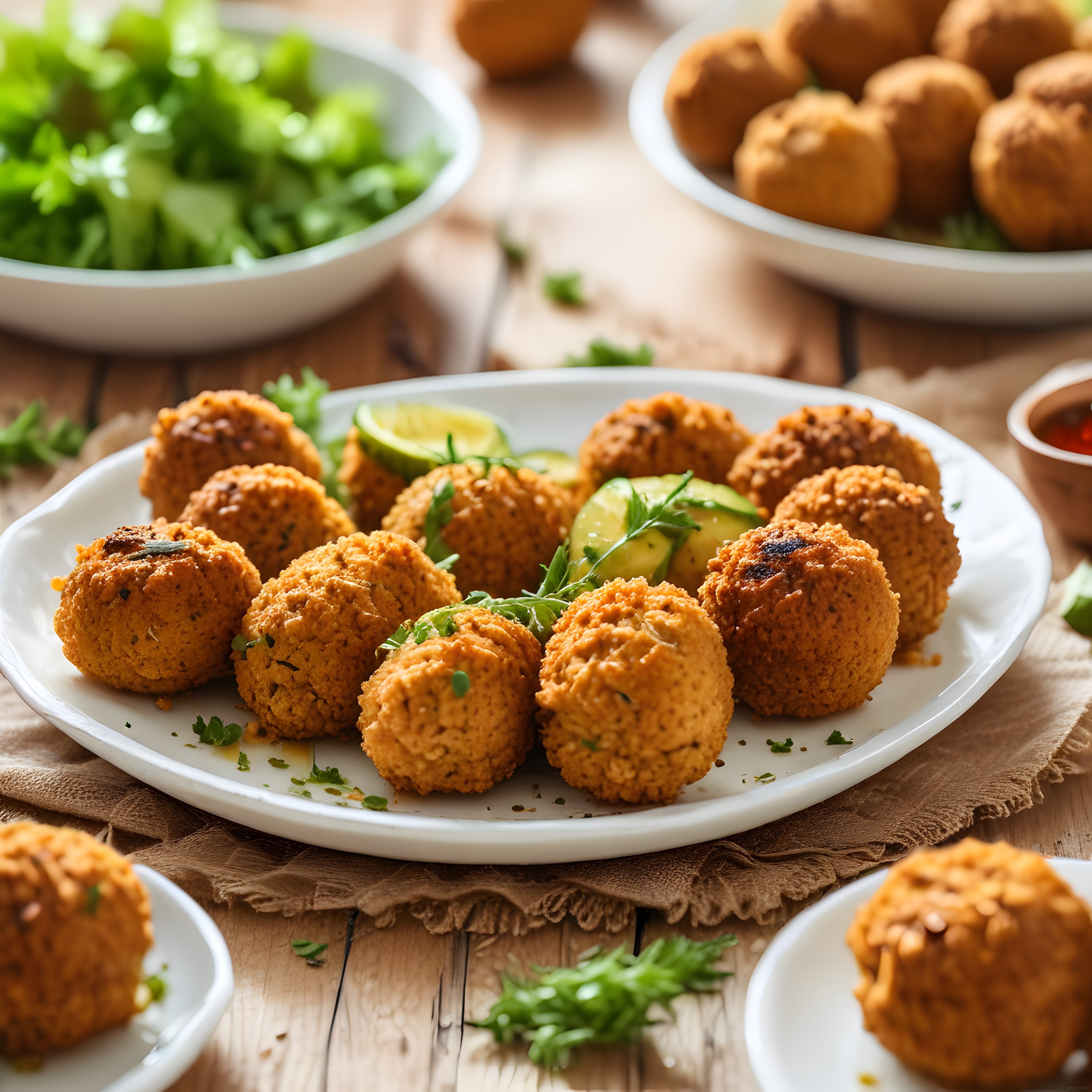Kızarmış falafel topları salatalık limon ve yeşilliklerle rustik masa sunumu