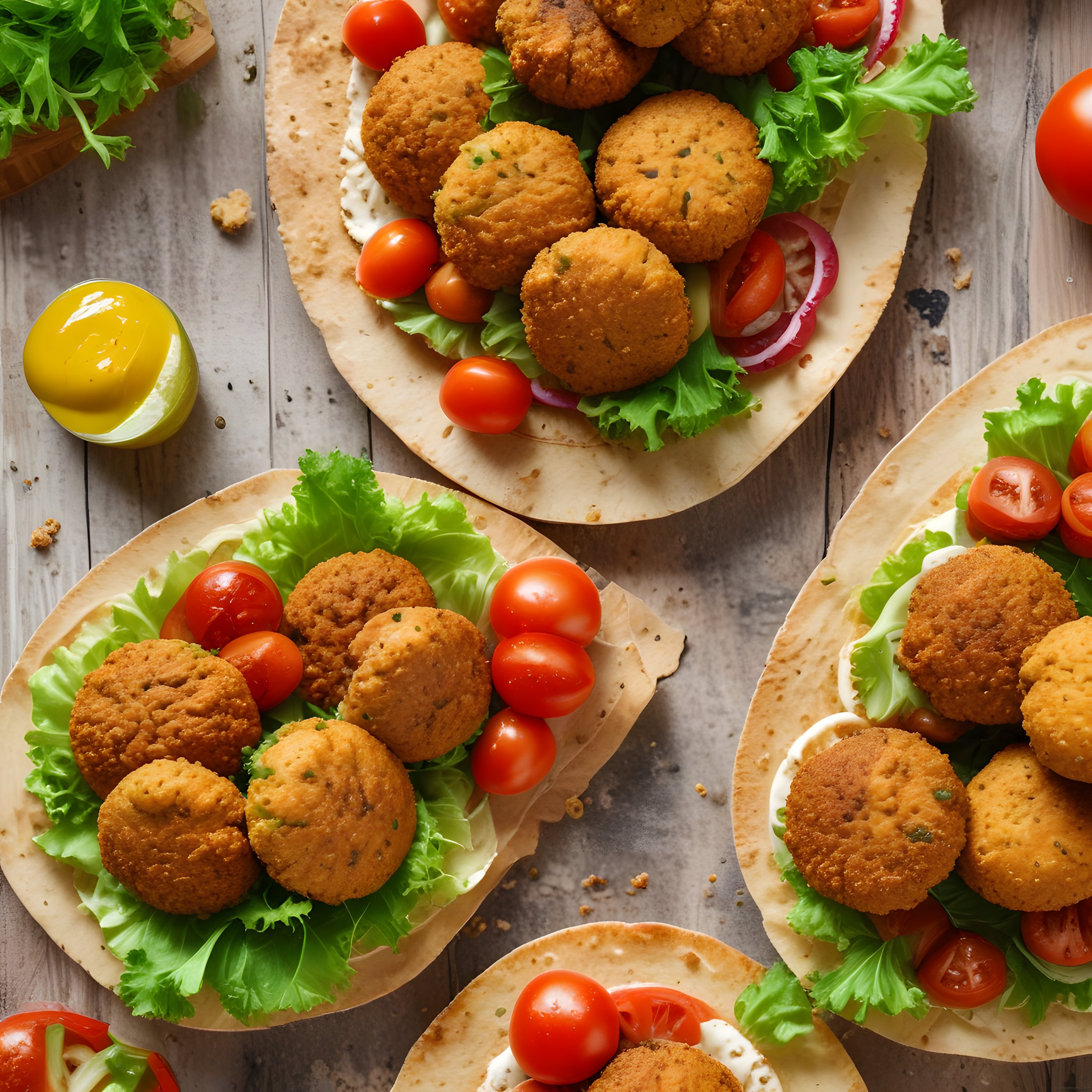 Kızarmış falafel topları, taze sebzeler ve özel sosla lavaş üzerinde sunuluyor