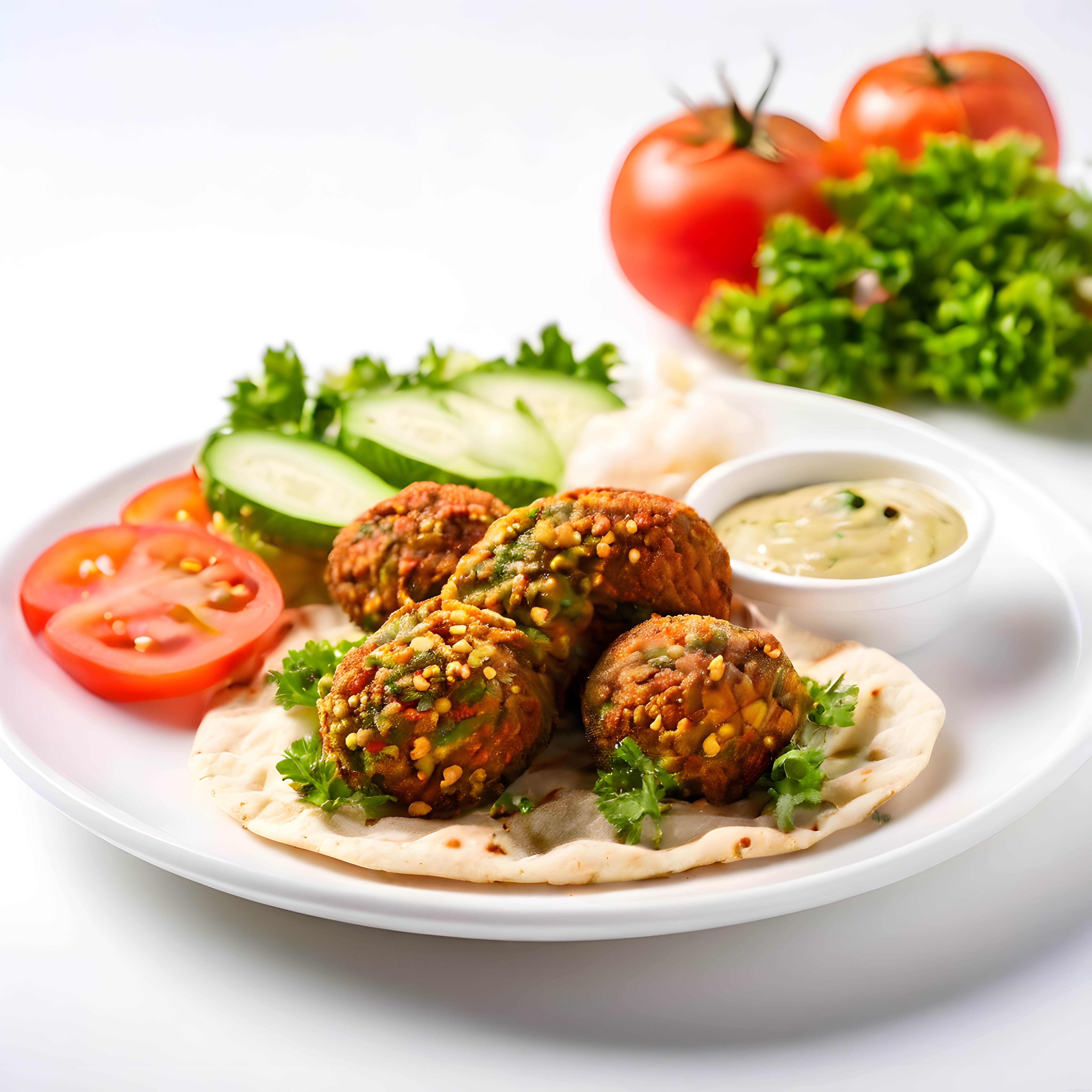 Kızarmış Falafel Topları, Taze Sebzeler ve Tahinli Dip Sos ile Ortadoğu Tabağı