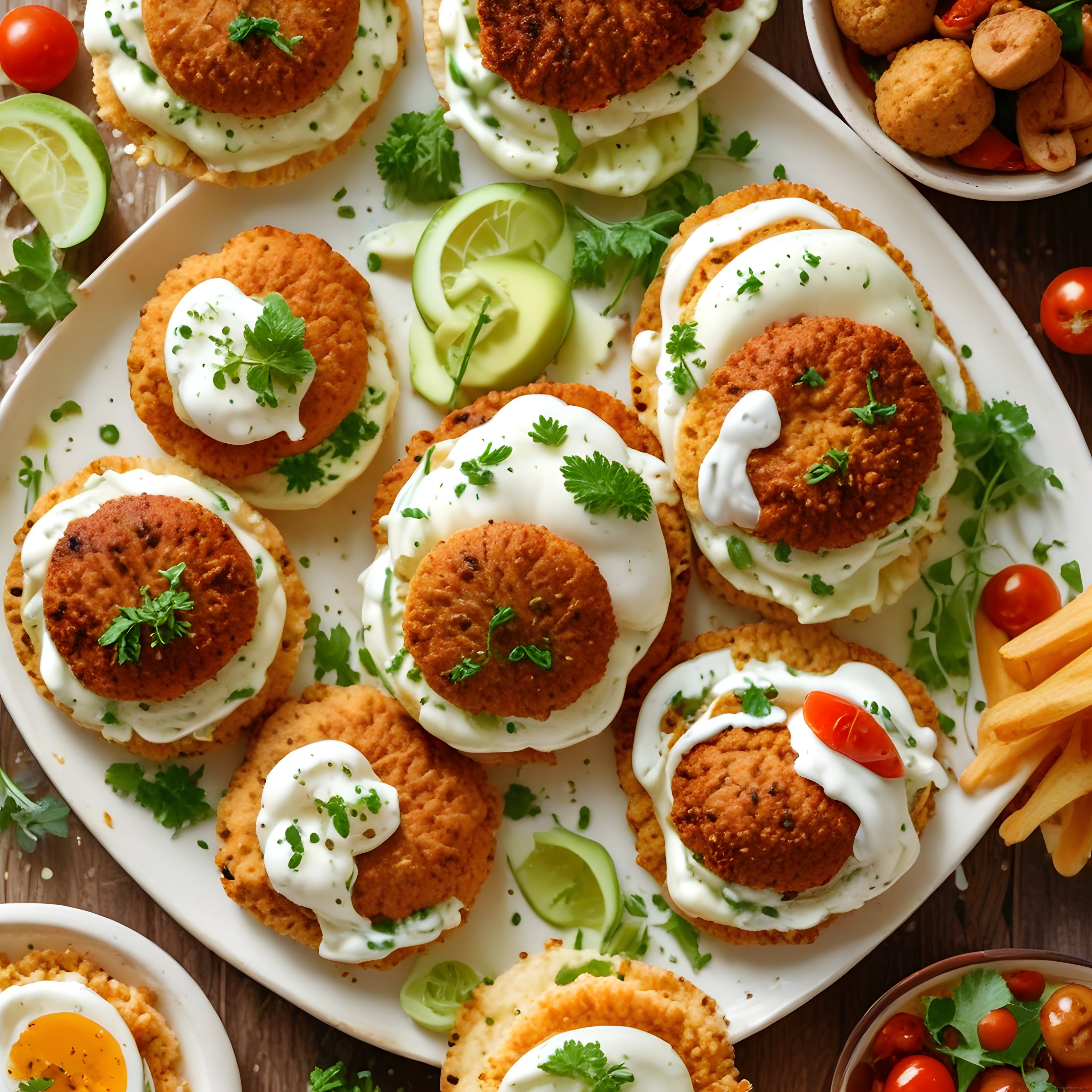 Kızarmış Falafel Topları, Taze Sos ve Avokado ile Şık Atıştırmalık Sunumu
