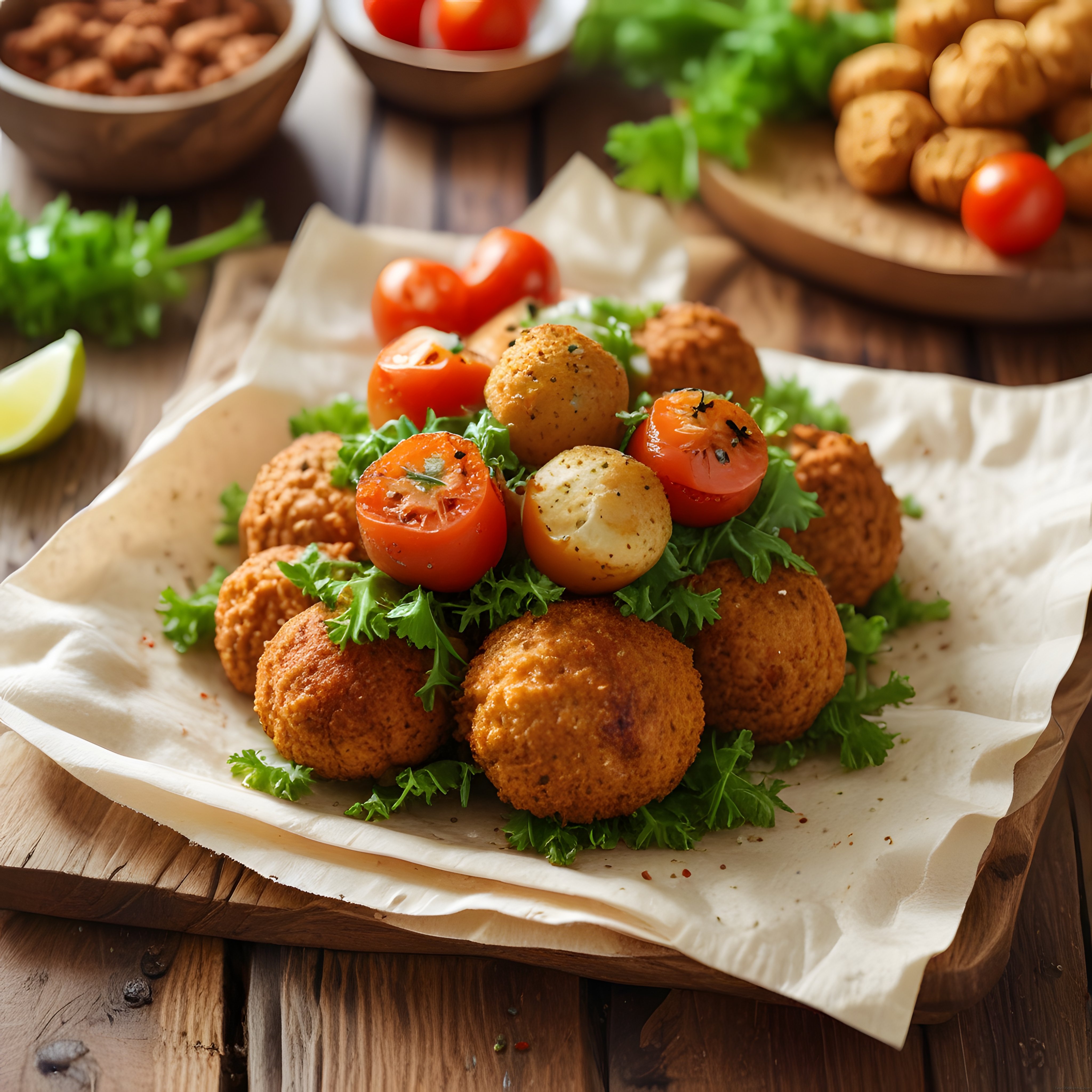 Kızarmış Falafel Topları, Taze Yeşillik ve Domateslerle Zengin Tabak
