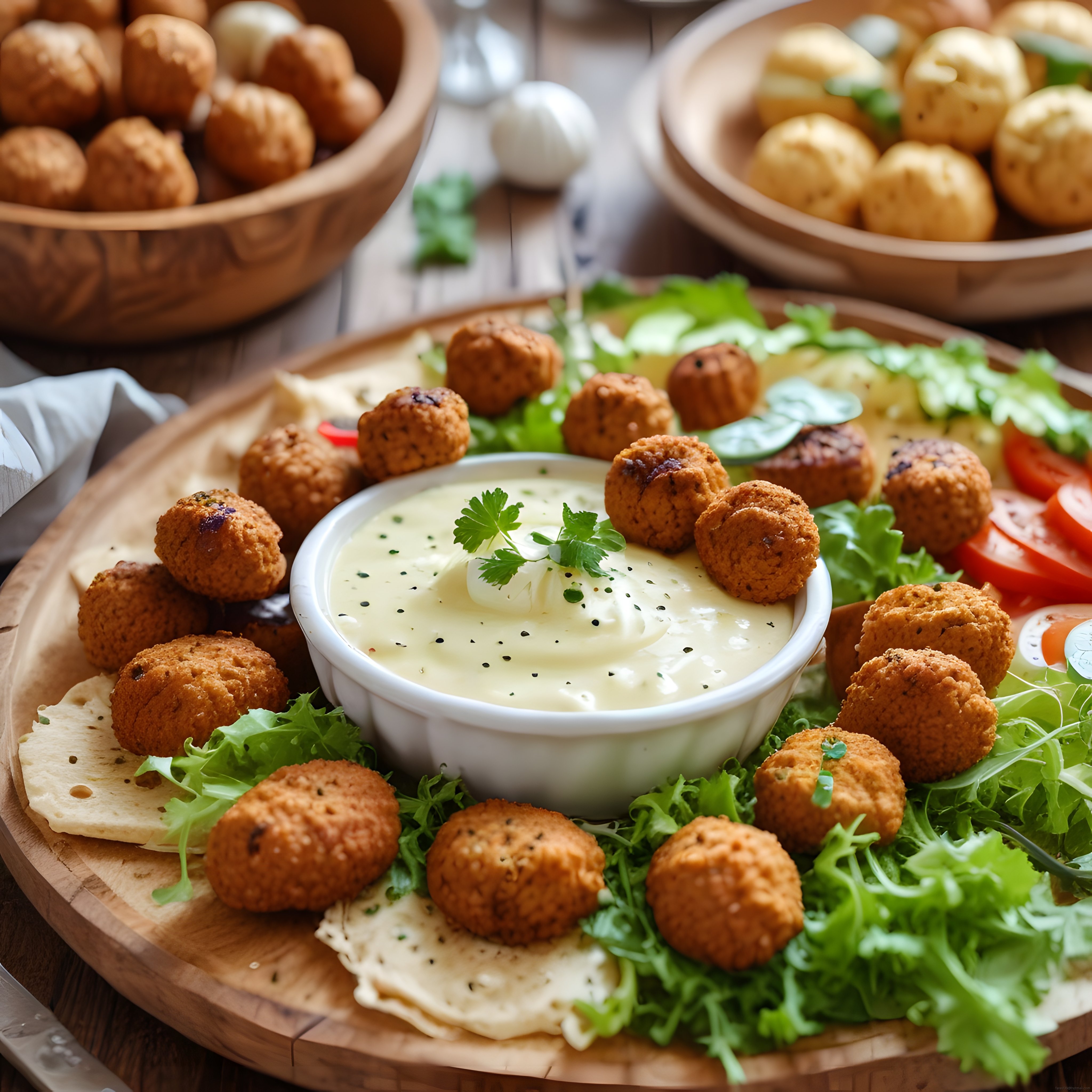Kızarmış falafel topları, taze yeşillik ve kremsi sos ile rustik ahşap sunum