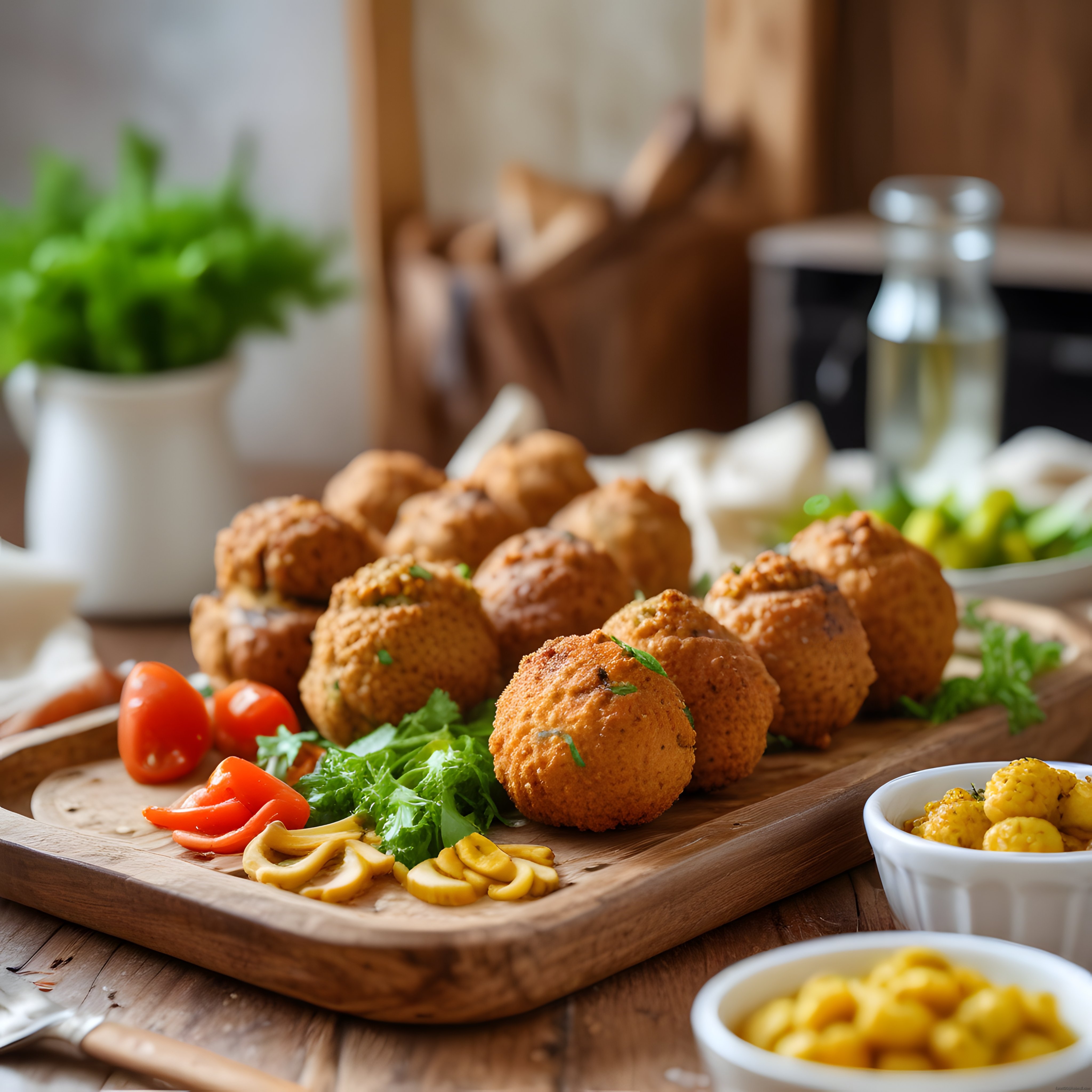 Kızarmış Falafel Topları ve Taze Garnitürlerle Rustik Mutfak Sunumu