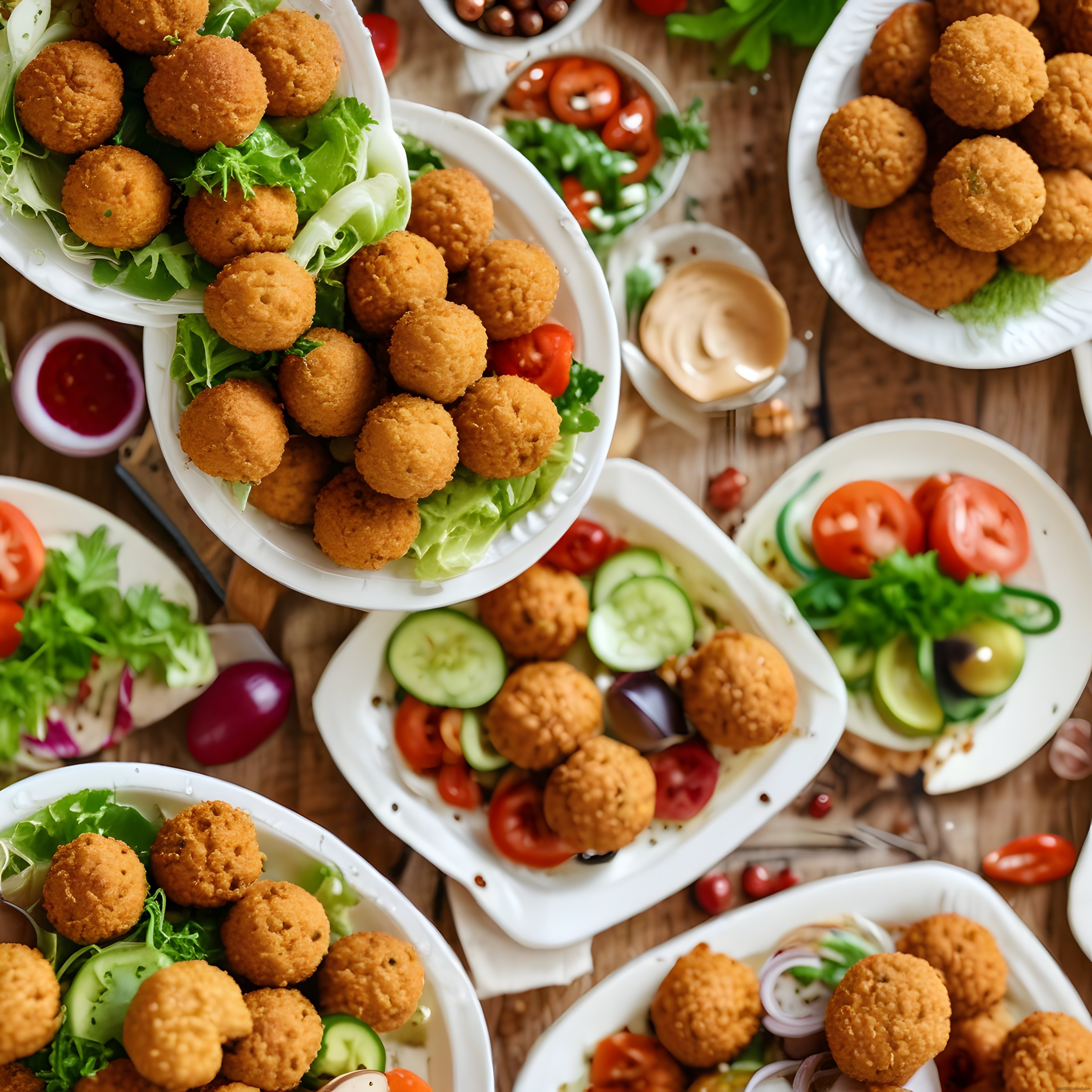 Kızarmış Falafel Topları ve Taze Salata ile Zengin Ortadoğu Sunumu