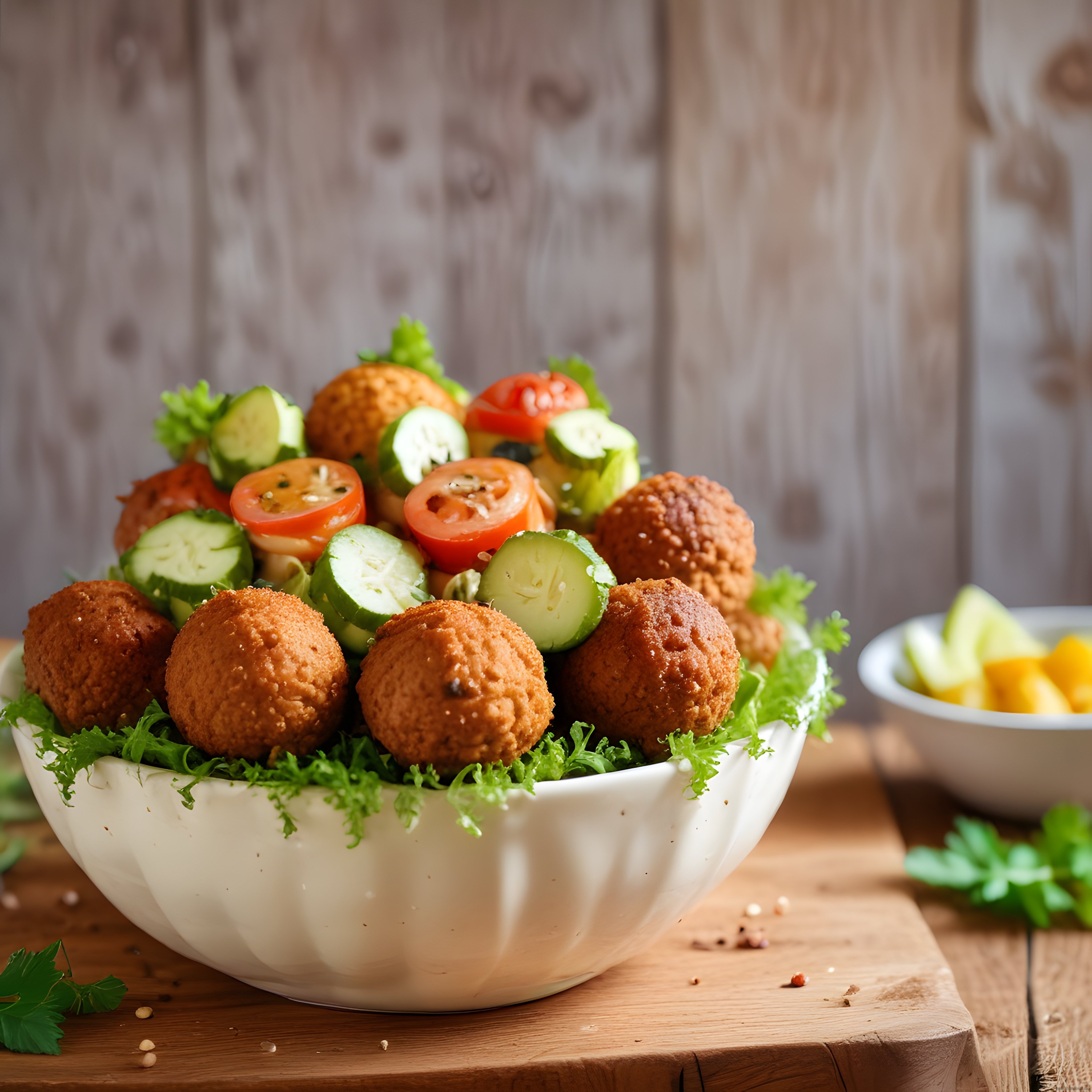 Kızarmış Falafel Topları ve Taze Sebzelerle Hazırlanan Sağlıklı Vegan Kase