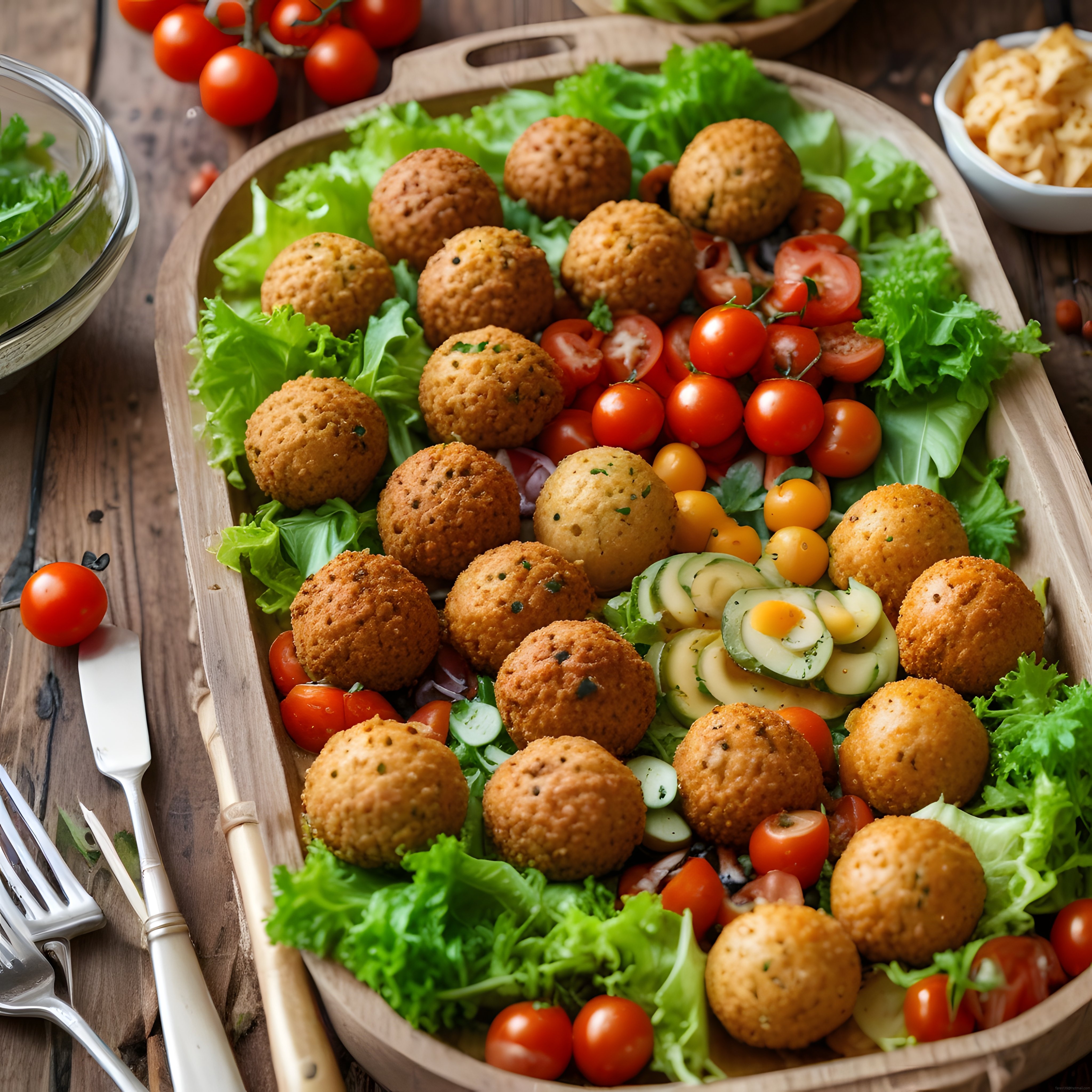 Kızarmış Falafel Topları ve Taze Sebzelerle Hazırlanmış Nefis Sunum Tabağı