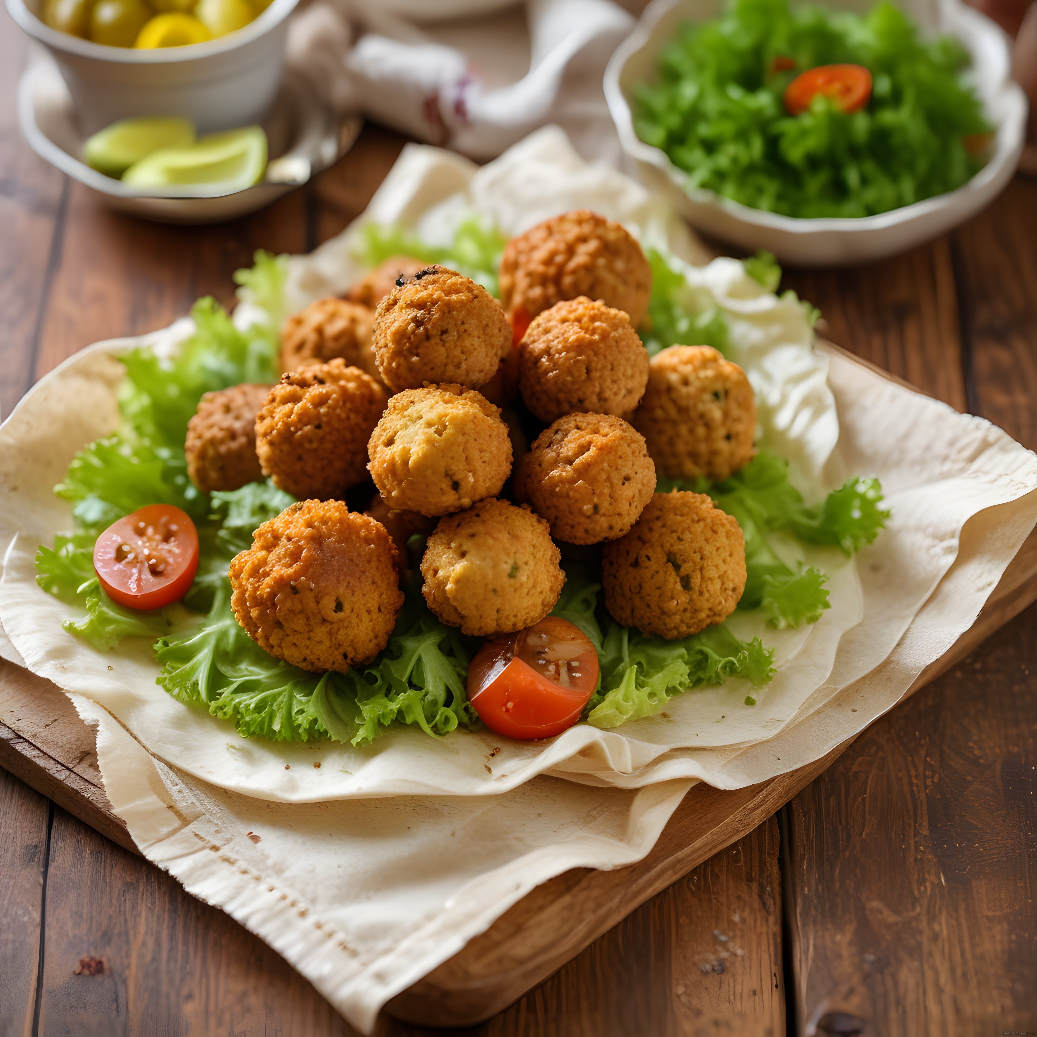 Kızarmış Falafel Topları ve Taze Yeşilliklerle Lavaş Üzerinde Sunum
