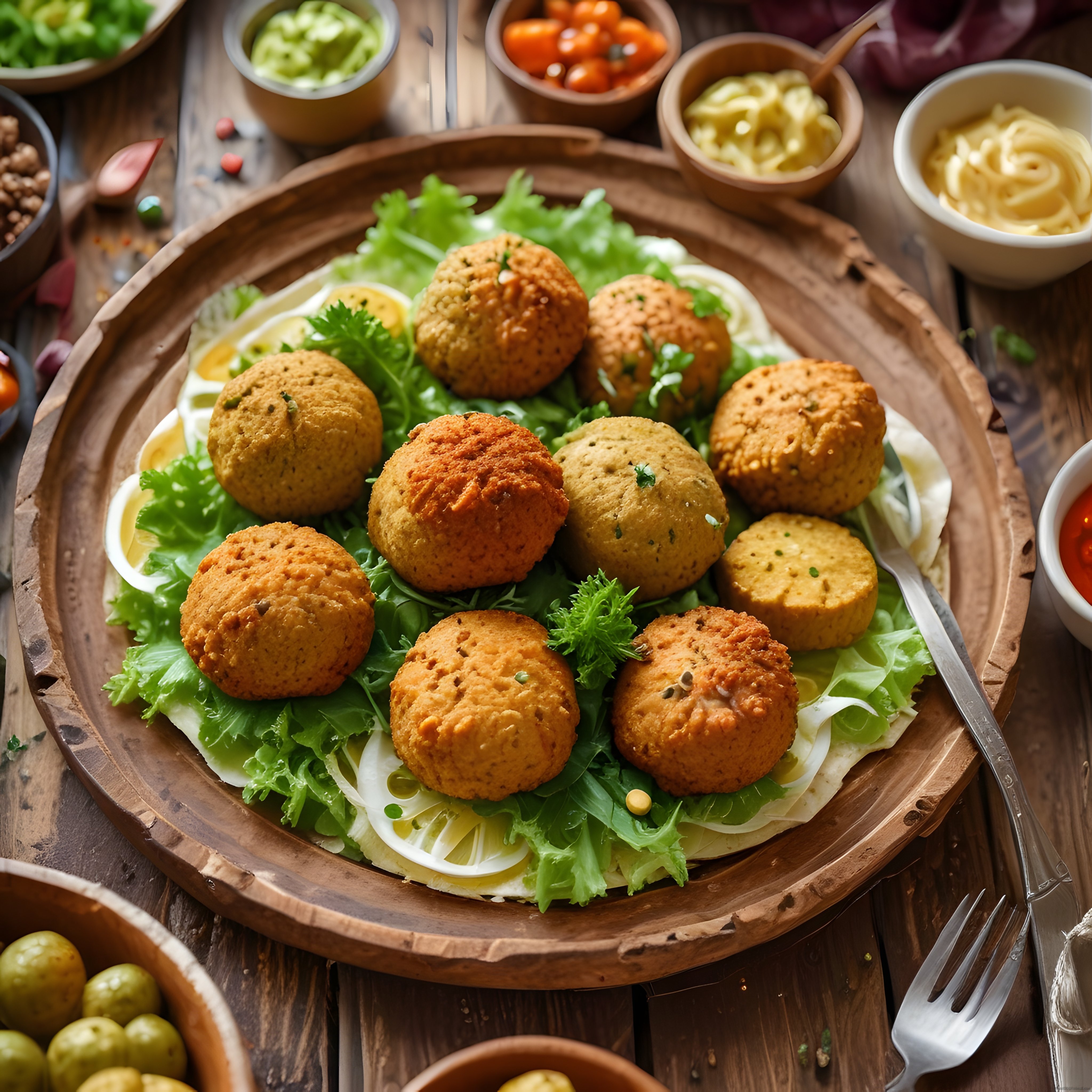 Kızarmış Falafel Topları ve Taze Yeşilliklerle Rustik Ahşap Masa Sunumu