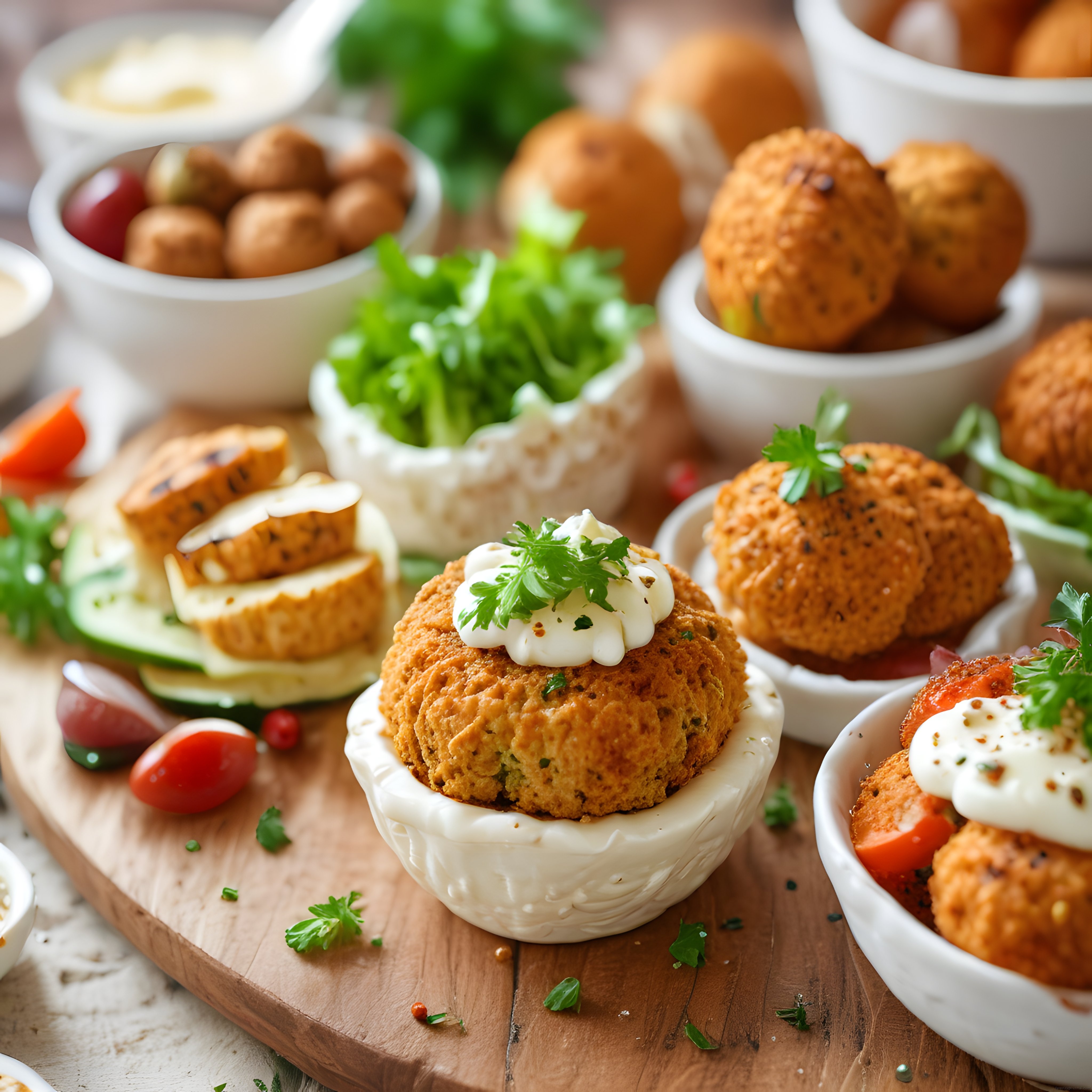 Kızarmış Falafel Topları ve Yoğurt Soslu Rustik Meze Sunumu