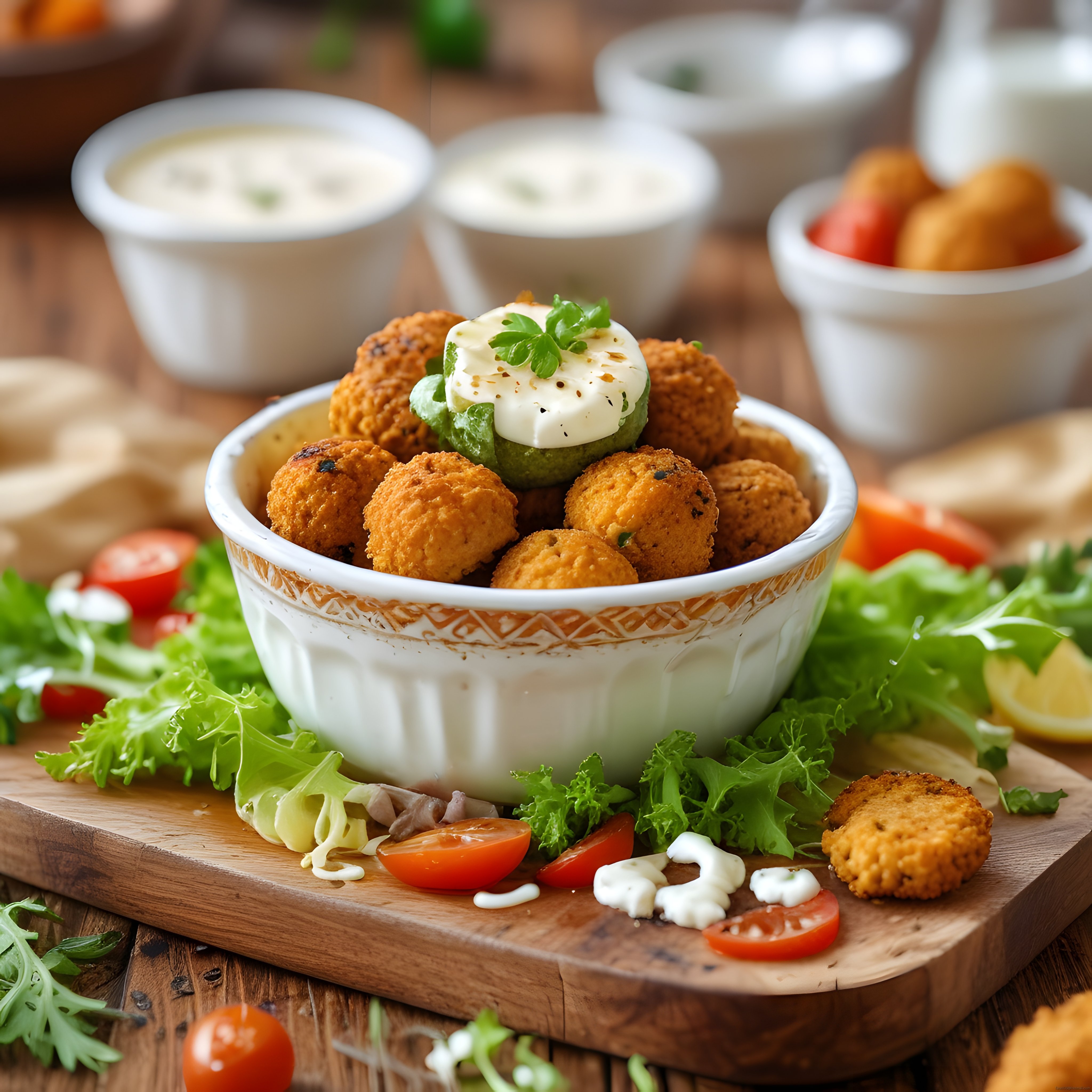 Kızarmış Falafel Topları, Yoğurt Sosu ve Taze Salata ile Lezzetli Tabak