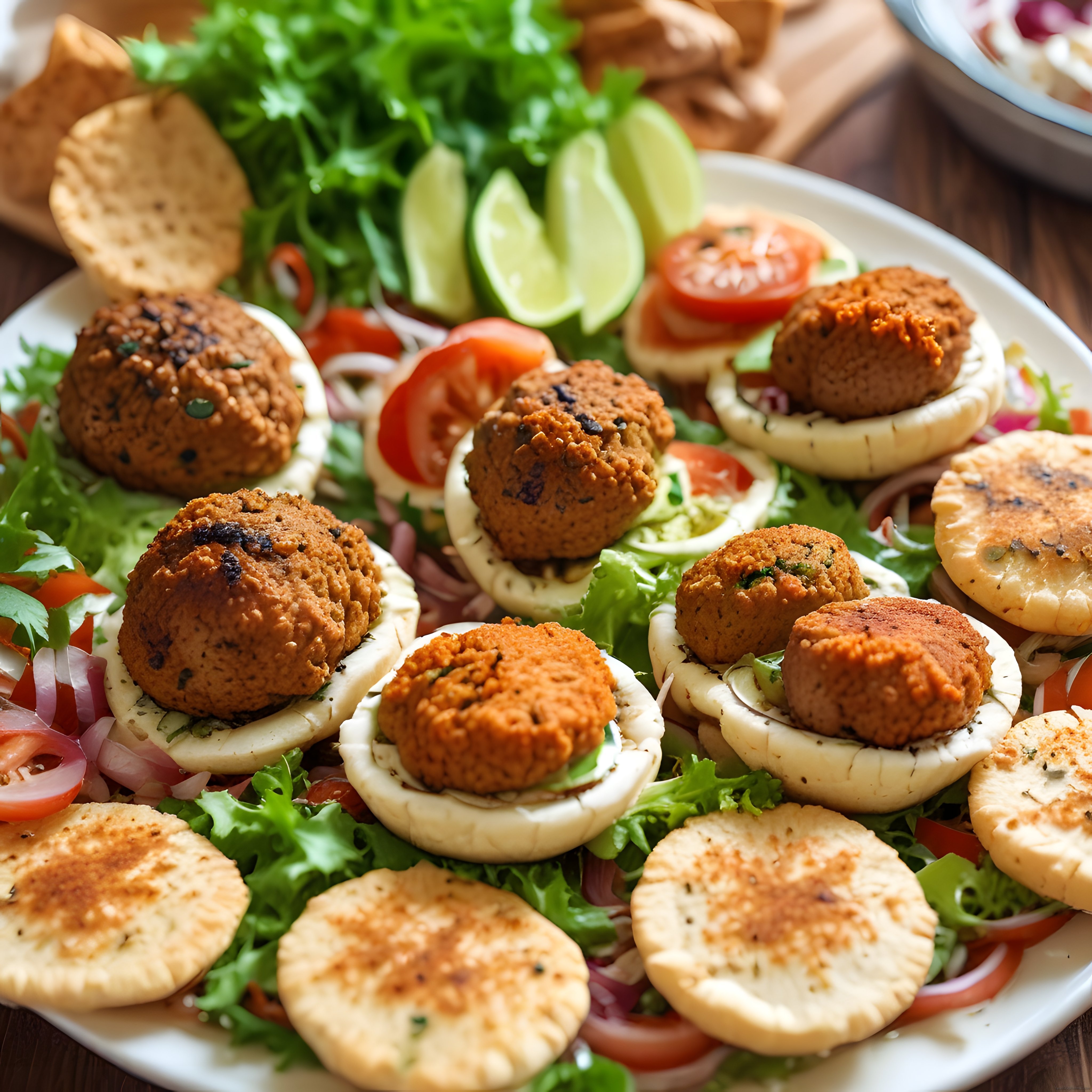 kızarmış falafel toplarının marul ve domatesle buluştuğu sağlıklı tabak sunumu