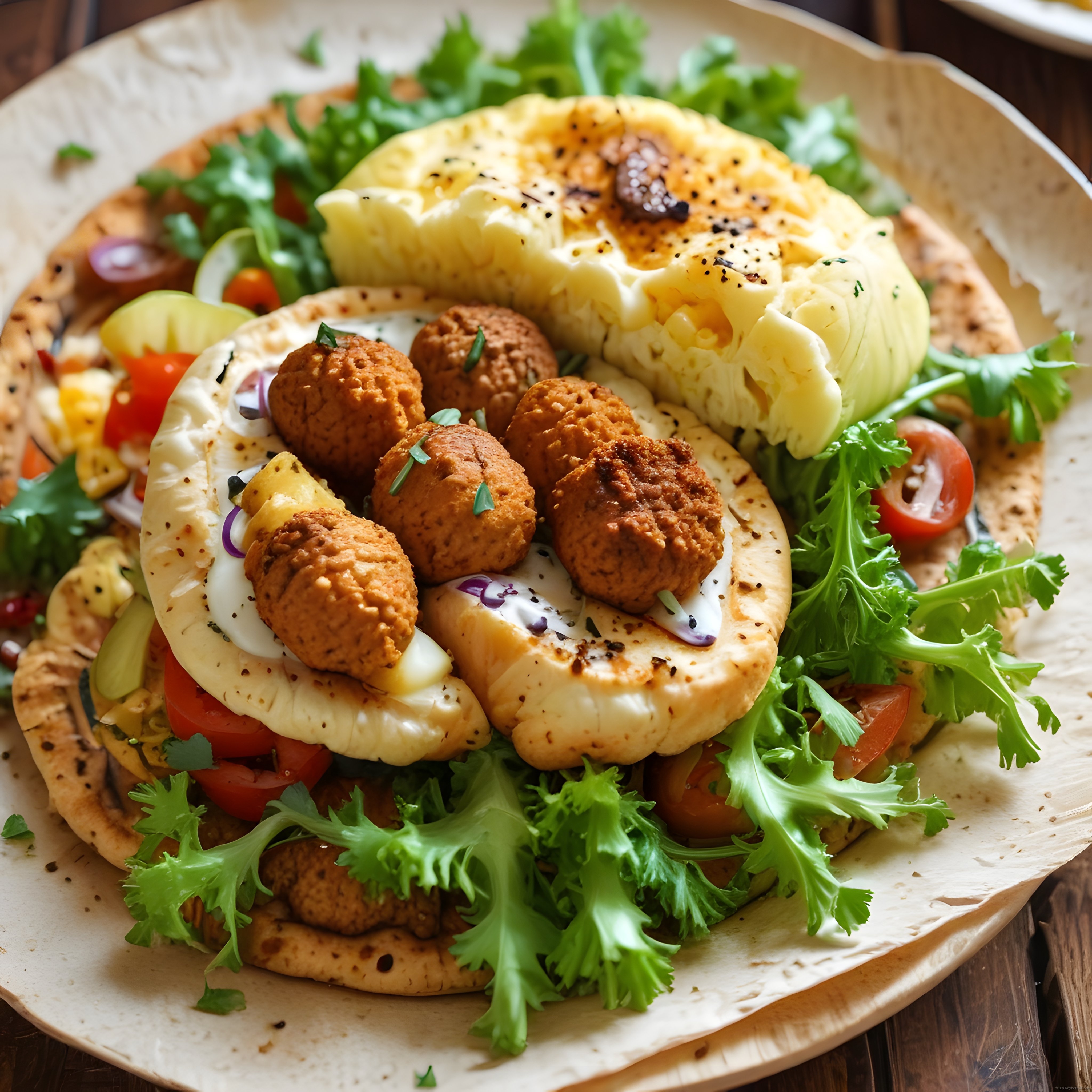Kızarmış Falafel ve Izgara Hellimli Taze Yeşillikli Ortadoğu Tabağı
