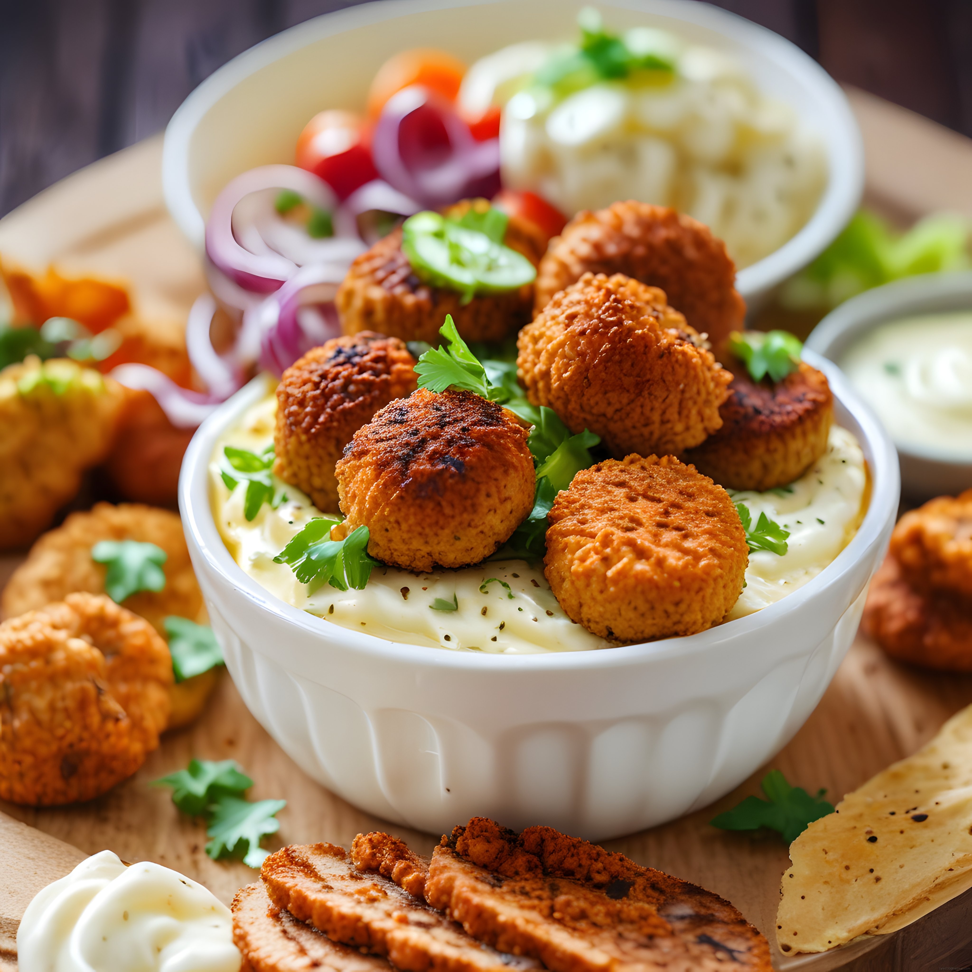 Kızarmış Falafel ve Mercimek Köfteli Sağlıklı Vegan Meze Tabağı Konsepti