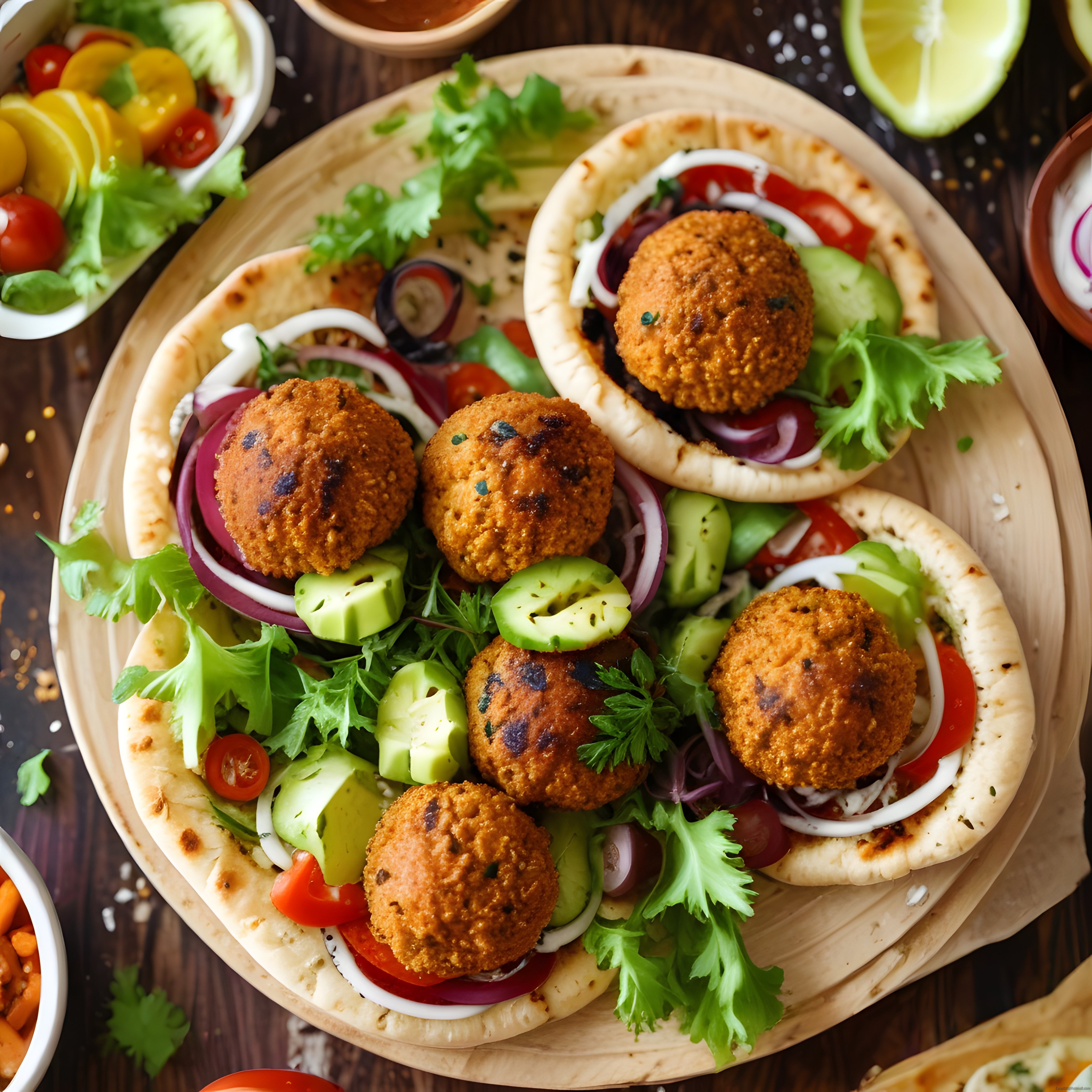Kızarmış Falafel ve Taze Sebzelerle Hazırlanmış Pita Tabağı Sunumu