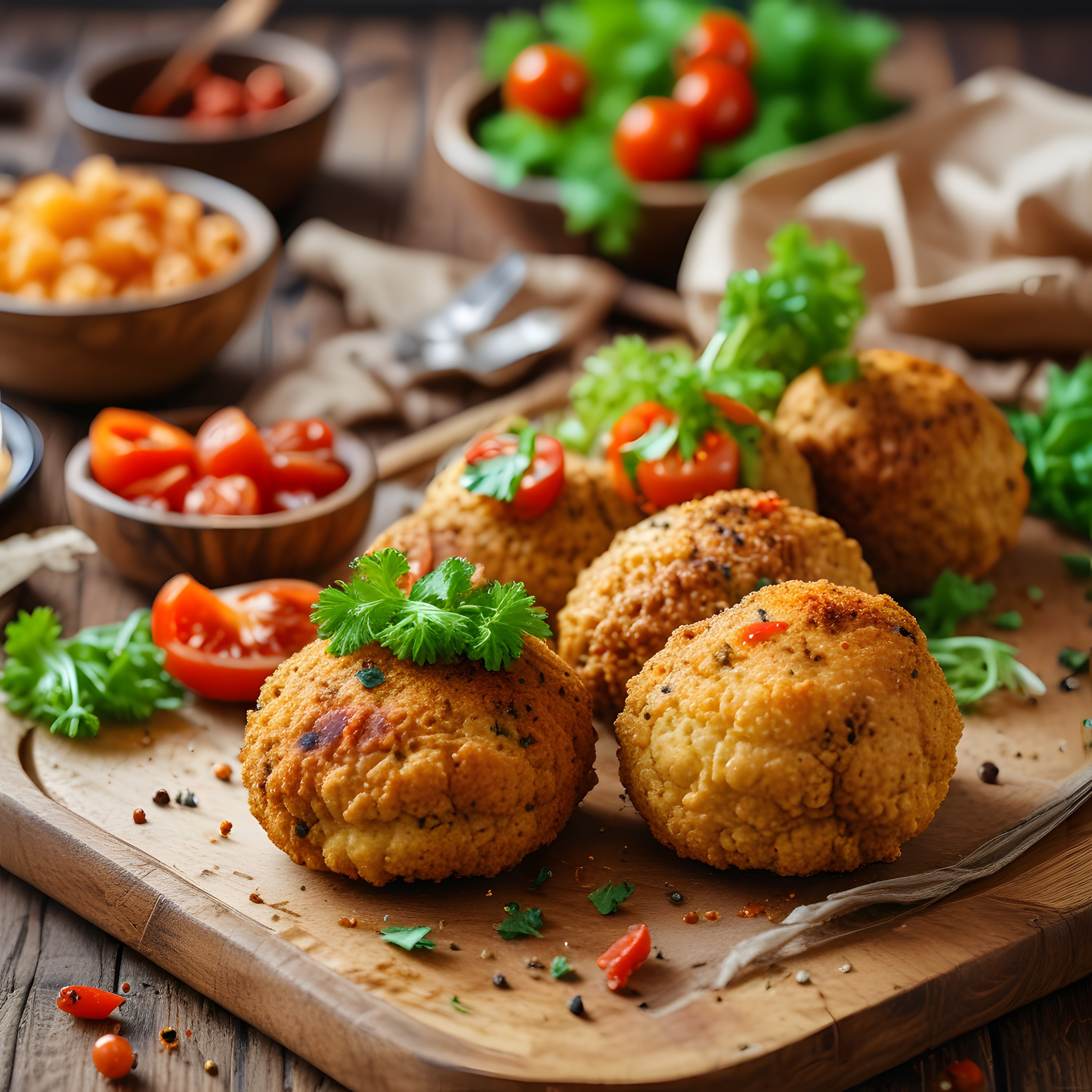 Kızarmış Gevrek Risotto Topları ve Taze Sebzelerle Ahşap Sunum Tahtası