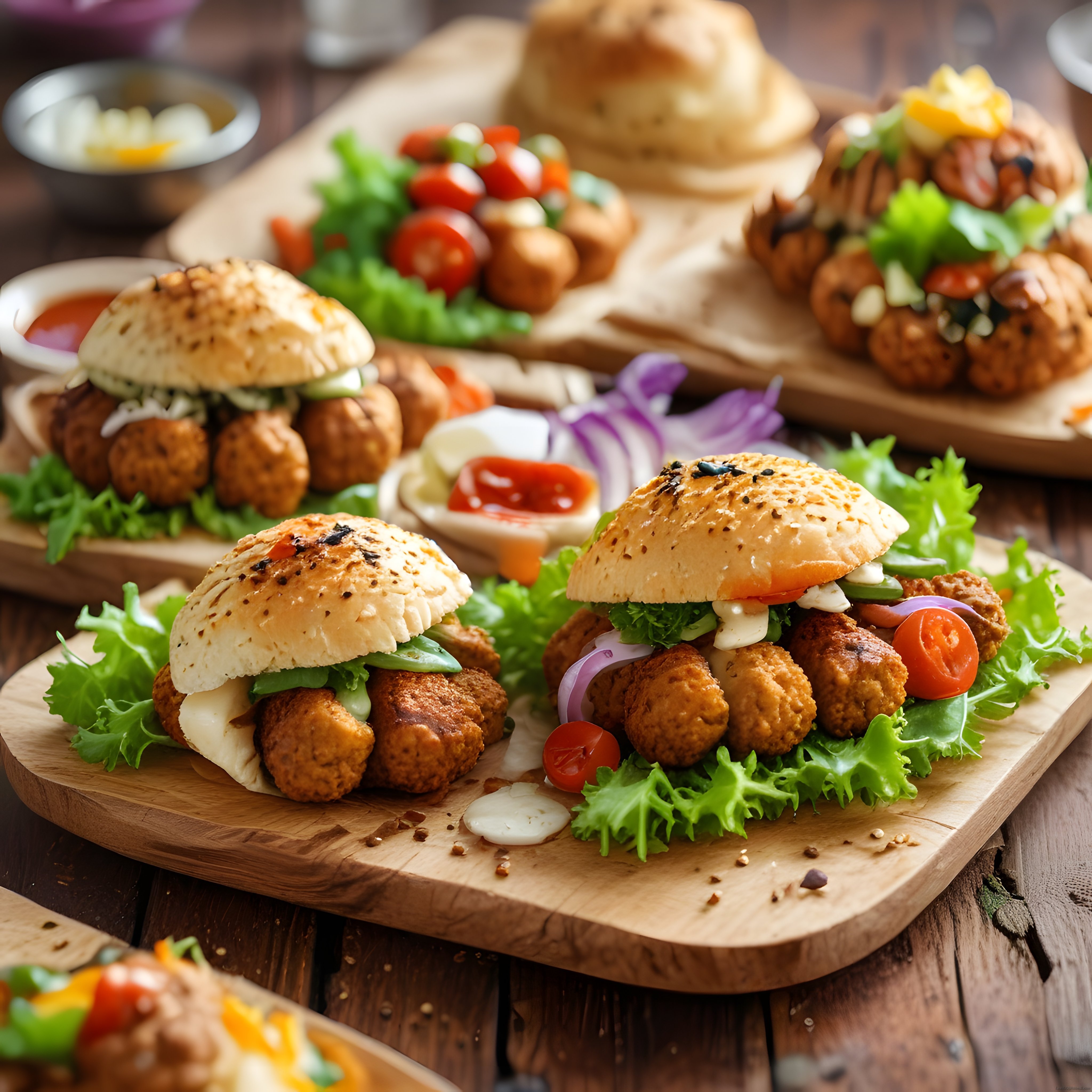 Kızarmış köfteli mini burgerler, taze sebzeler ve soslarla ahşap sunumda