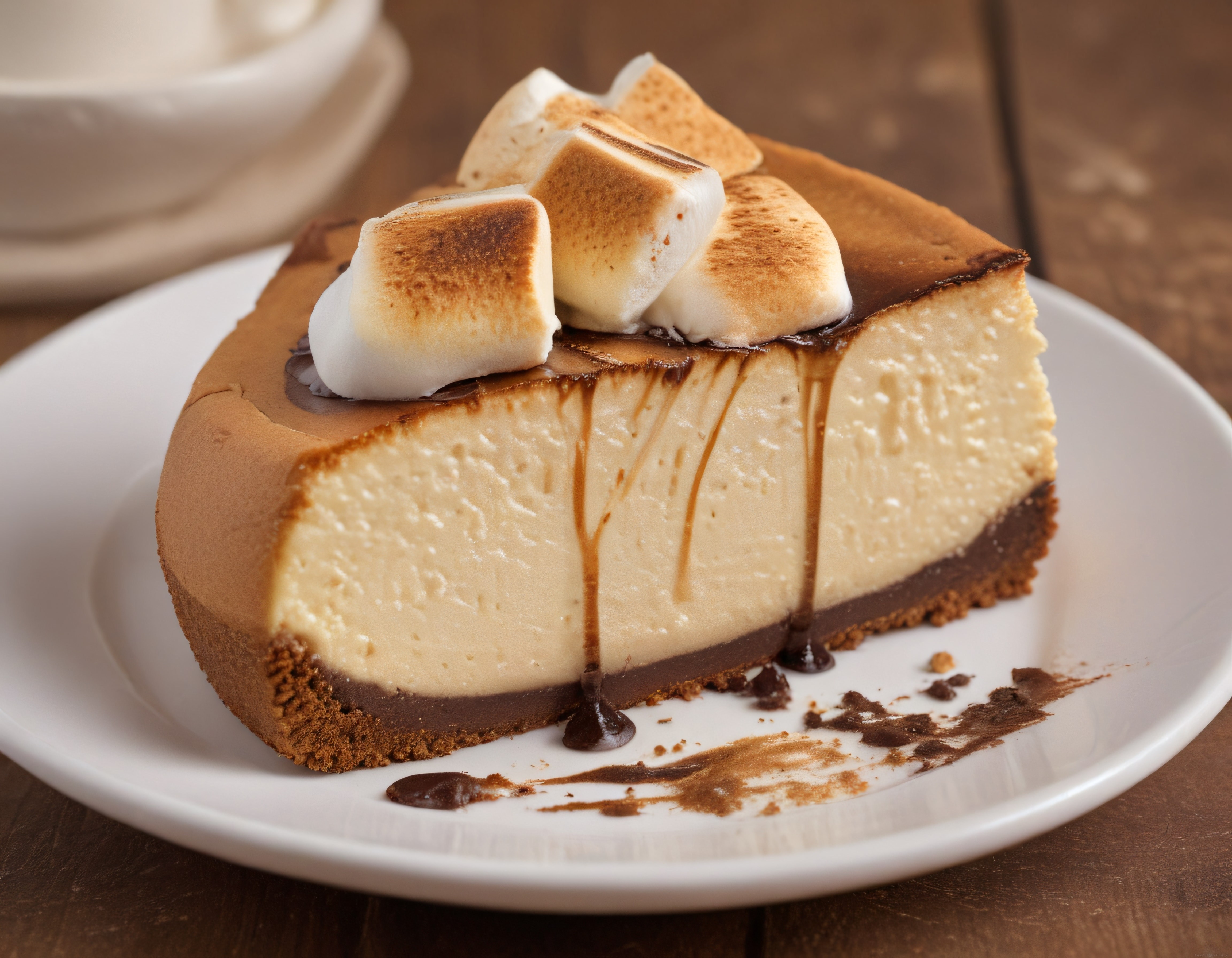 Kızarmış Marshmallow ve Çikolata Soslu Cheesecake Dilimi Sunumu