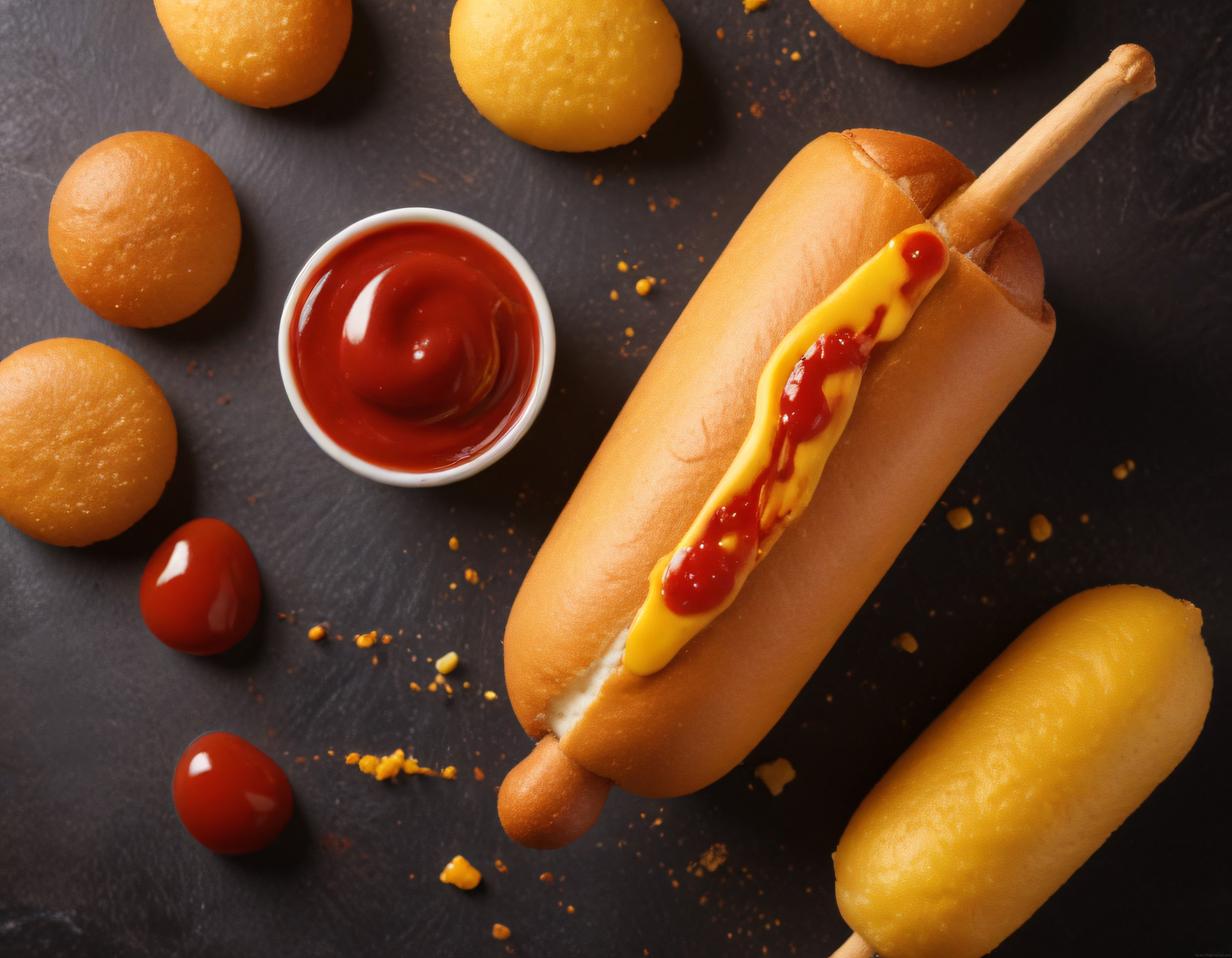 Kızarmış mısır gevreği, ketçaplı hot dog ve sokak lezzetleri sunumu