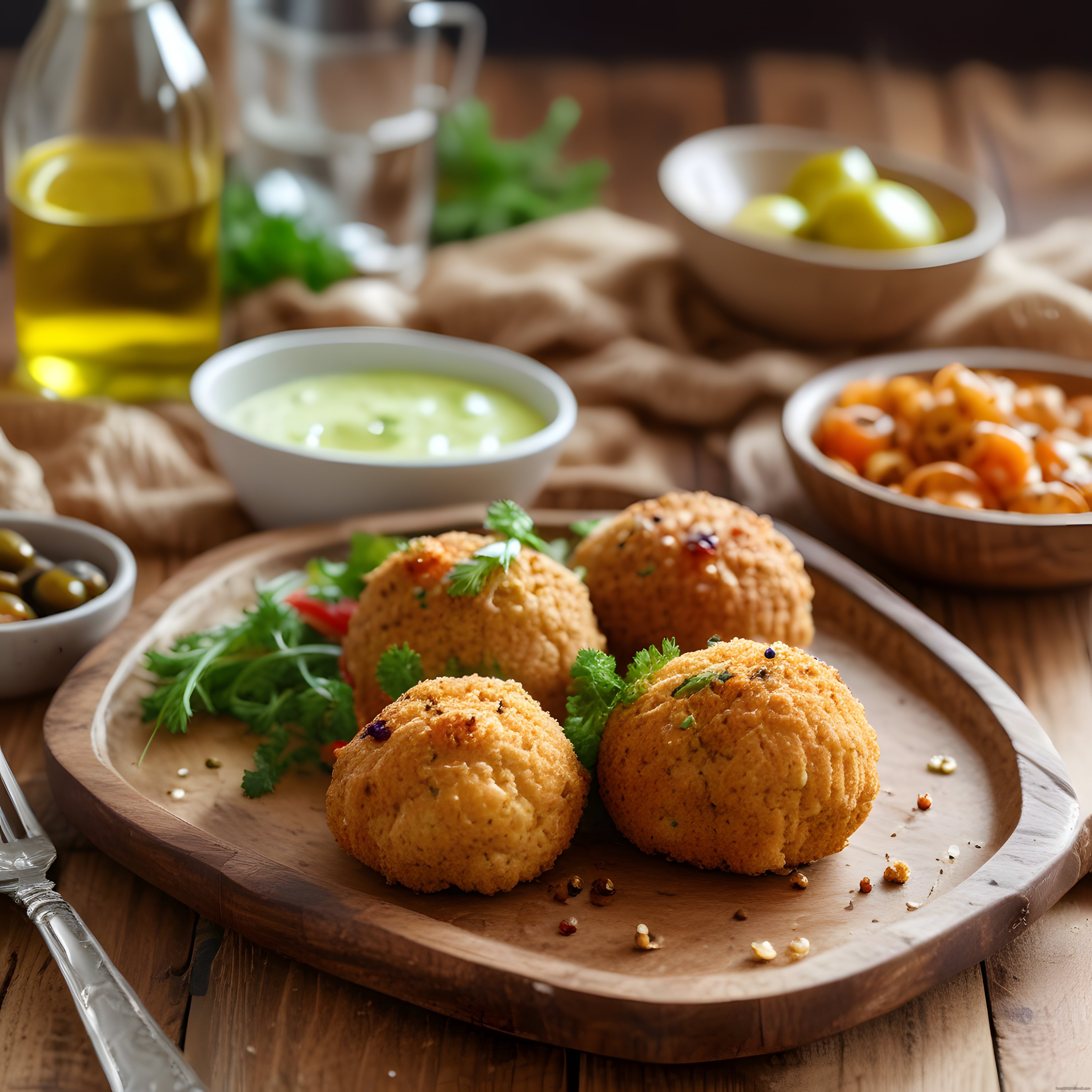 Kızarmış Pane Kaplamalı Toplar ve Dip Soslarla Rustik Masa Düzeni