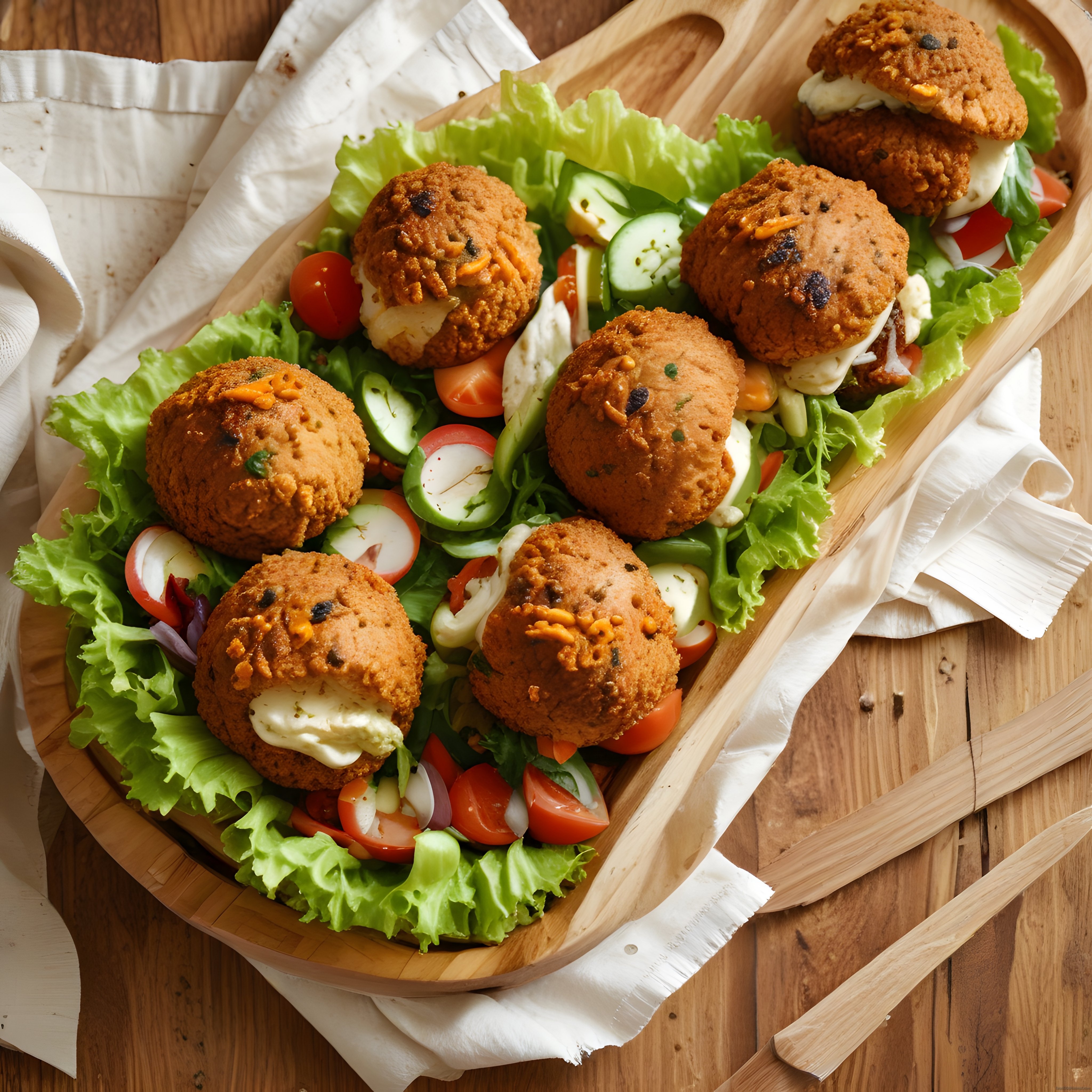 Kızarmış Pane Kaplı Mini Burgerler ve Taze Sebzelerle Şık Ahşap Sunum