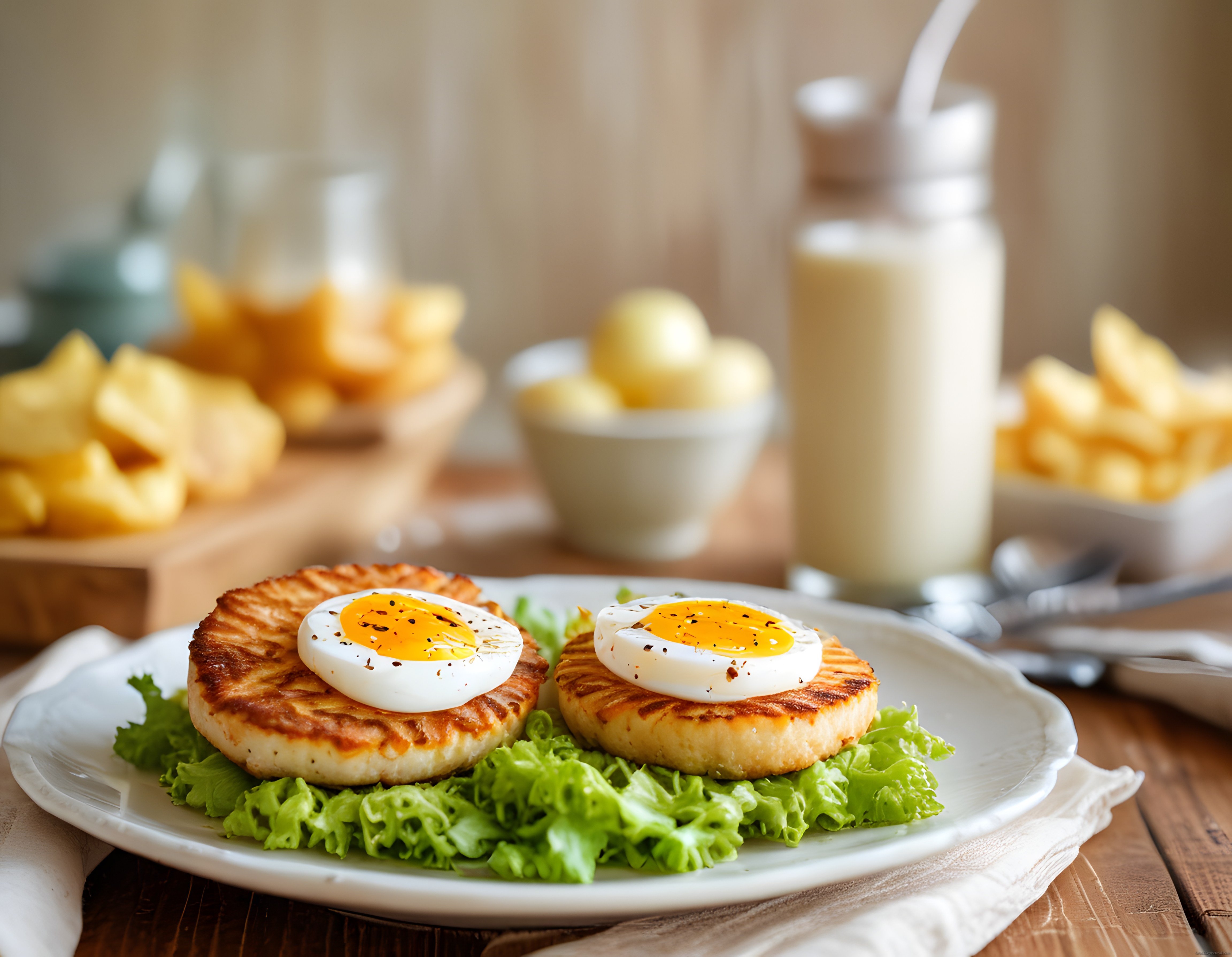 Kızarmış Patates Röşti Üzerinde Haşlanmış Yumurtalı Şık Kahvaltı Tabağı