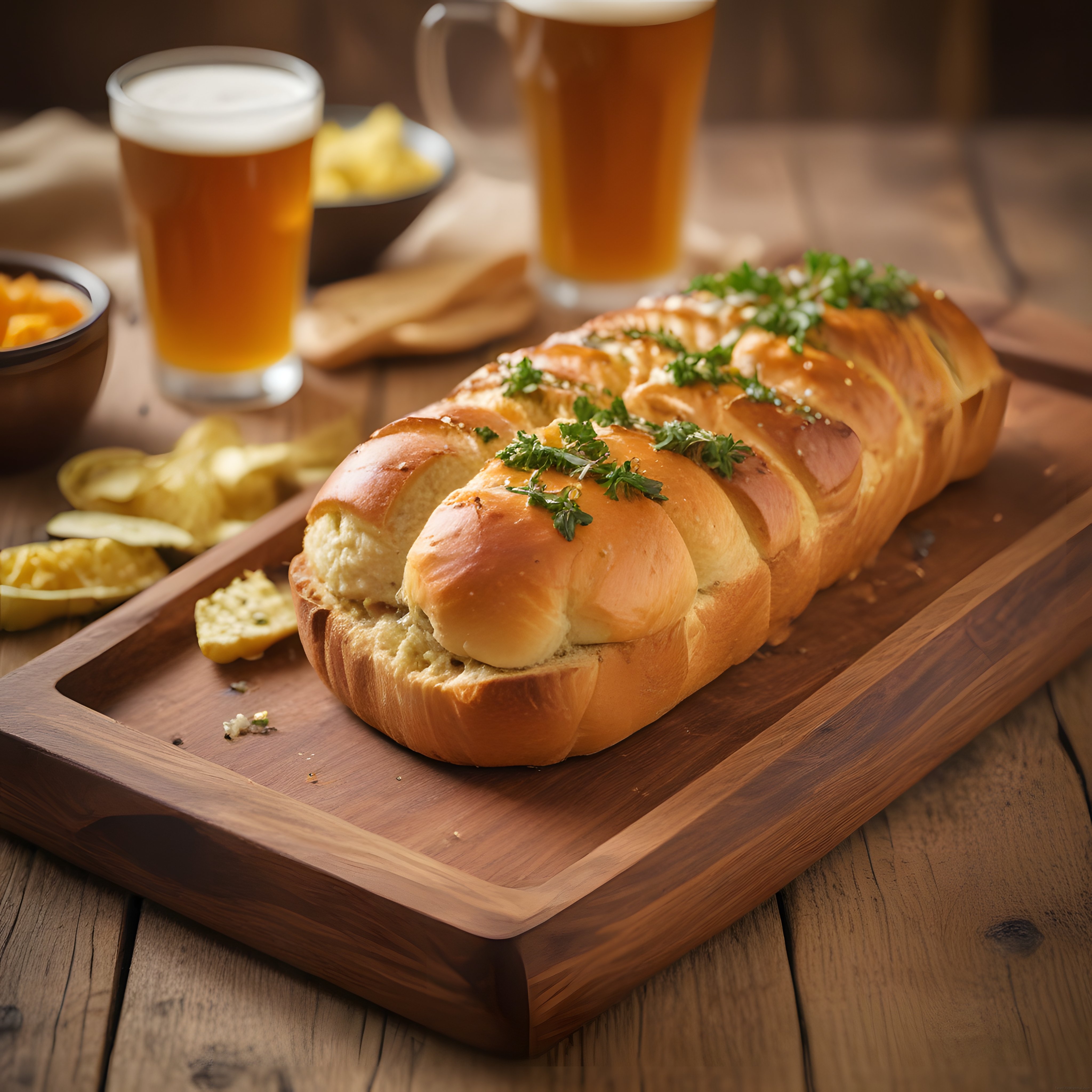 Kızarmış peynirli ekmek, bira ve cipslerle lezzetli bir akşam menüsü