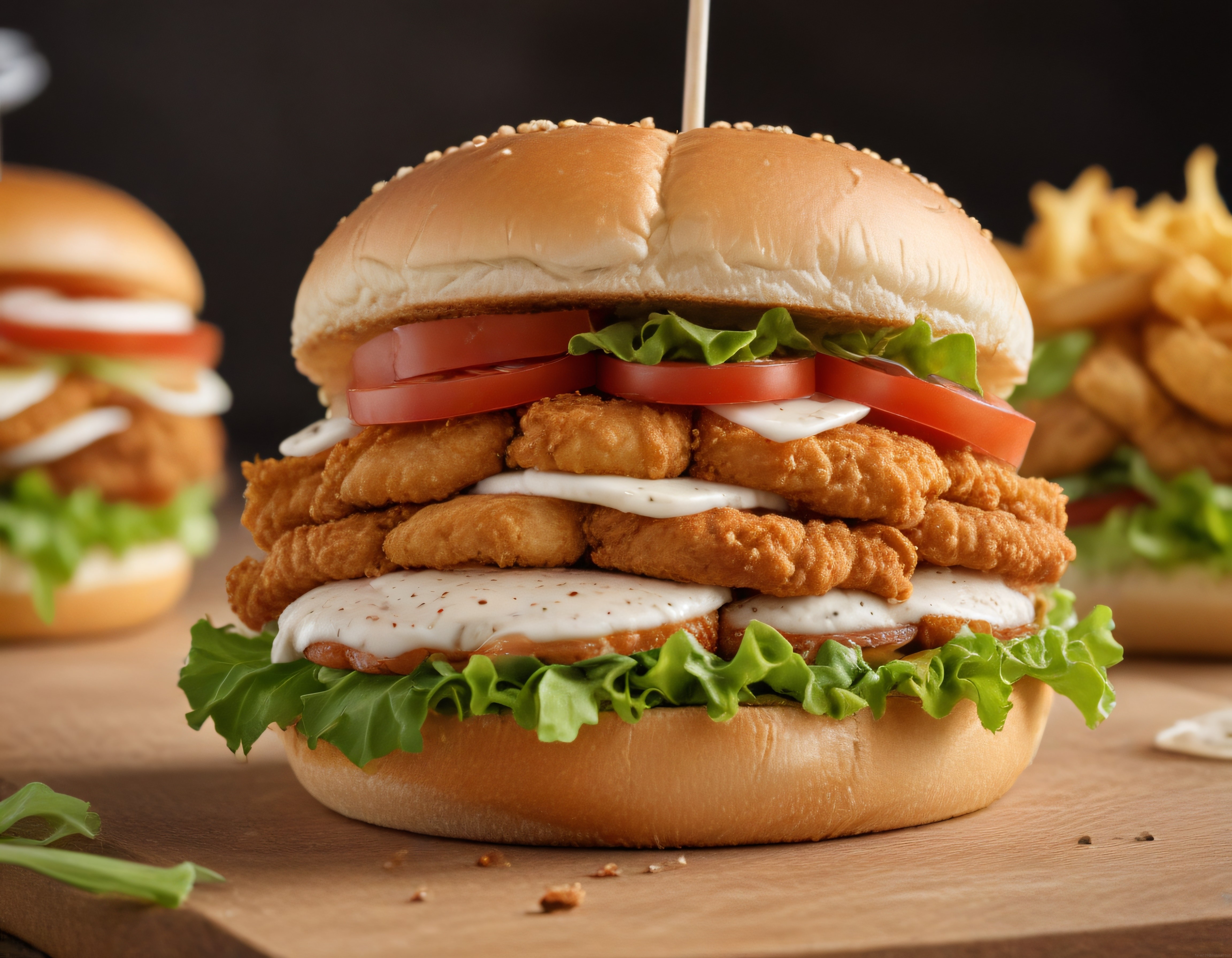 Kızarmış tavuk burger, taze domates ve marul ile servis edilen nefis yemek