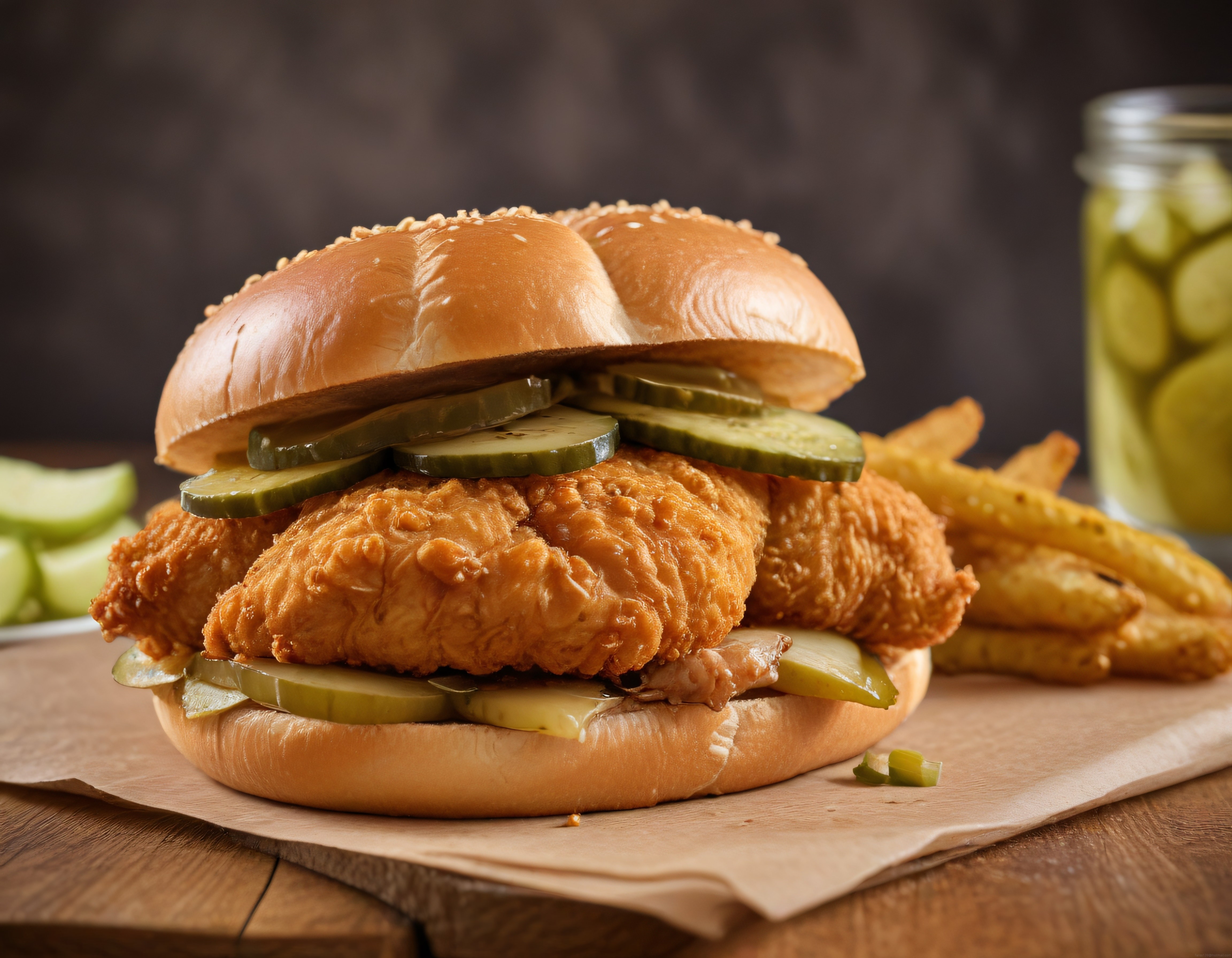 Kızarmış tavuk burger, turşu dilimleri ve patatesle rustik masa keyfi
