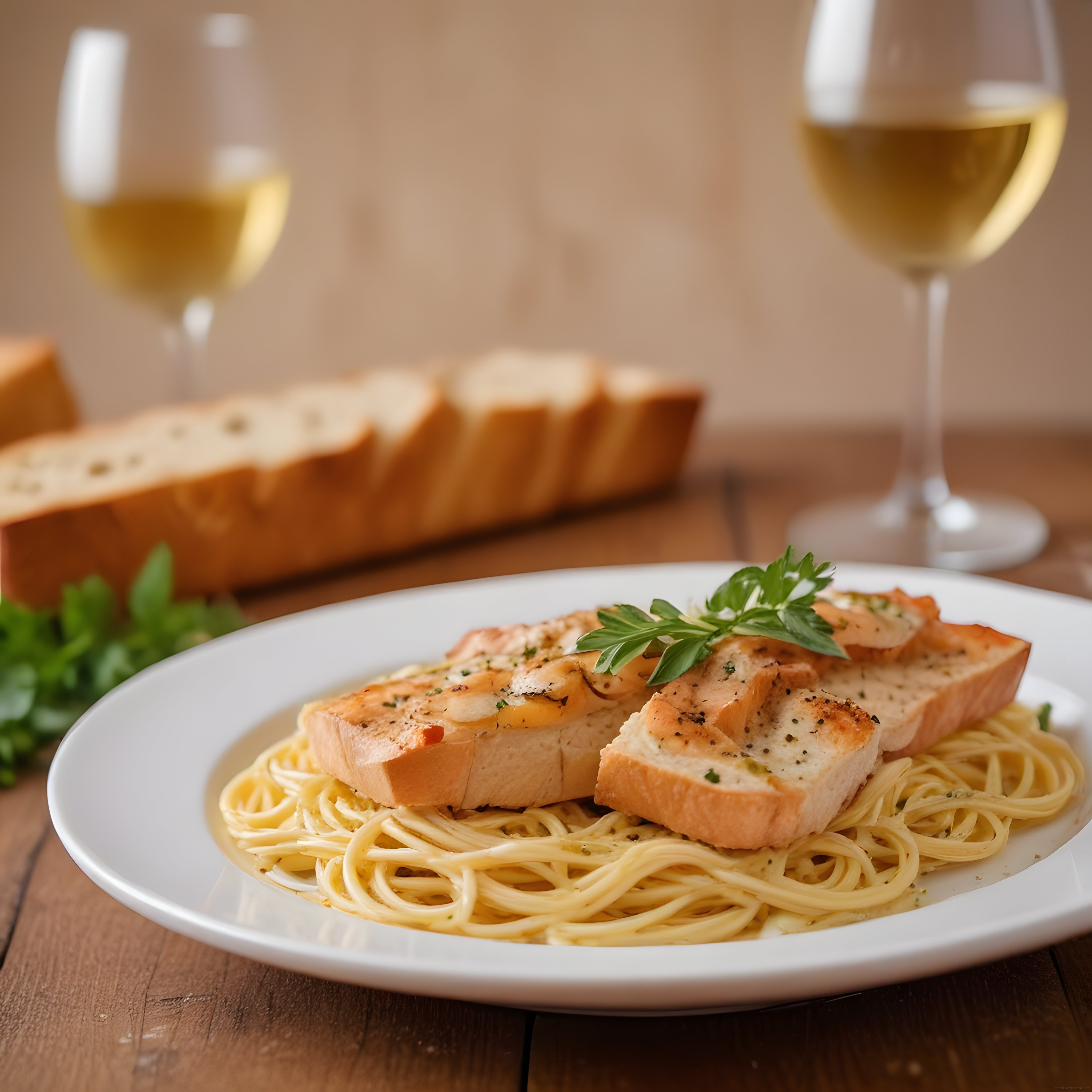 kızarmış tavuk dilimli spagetti beyaz şarap eşliğinde romantik akşam sofrası