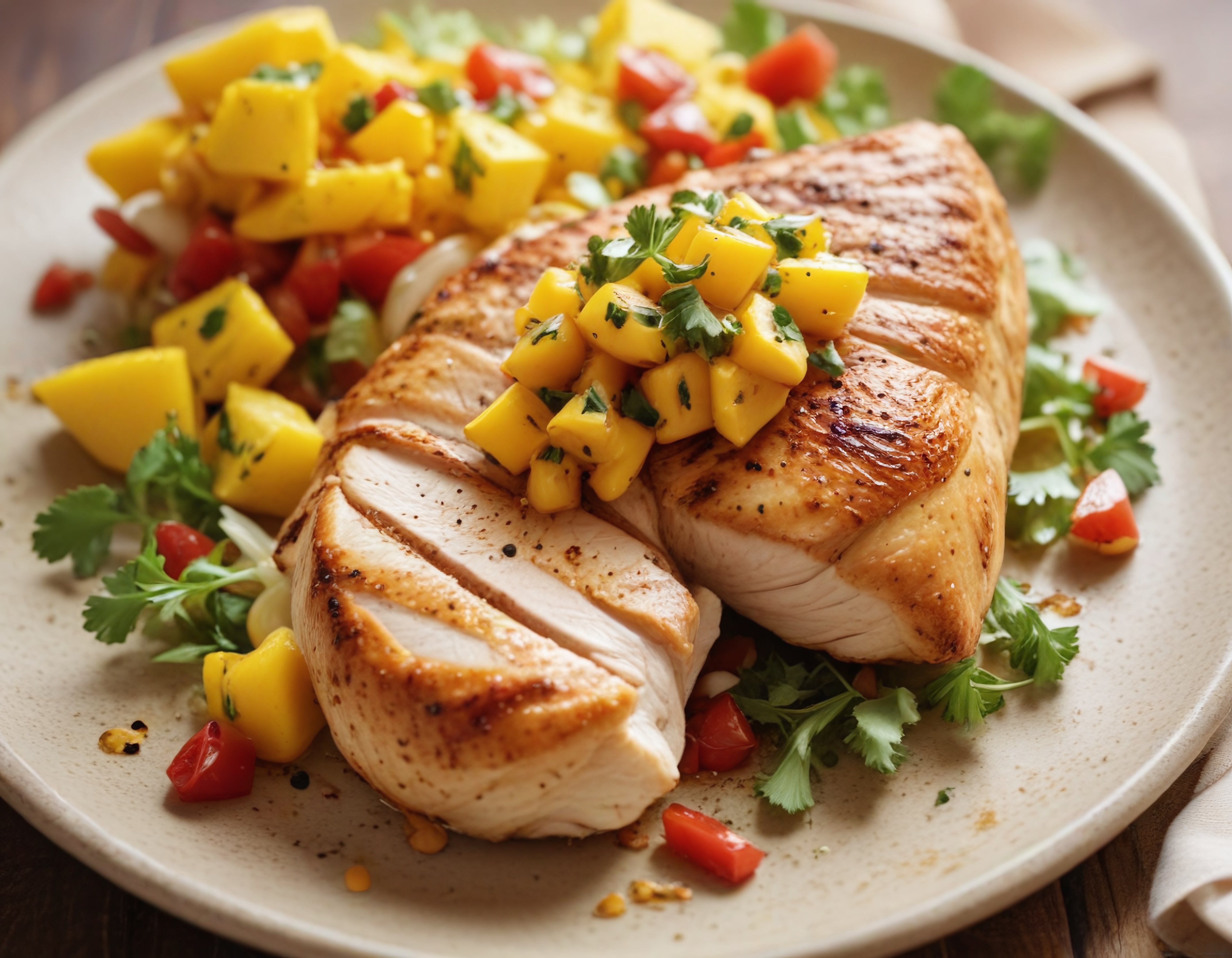 Kızarmış Tavuk Göğsü Üzerinde Taze Mango Salsa ile Sağlıklı Tarif