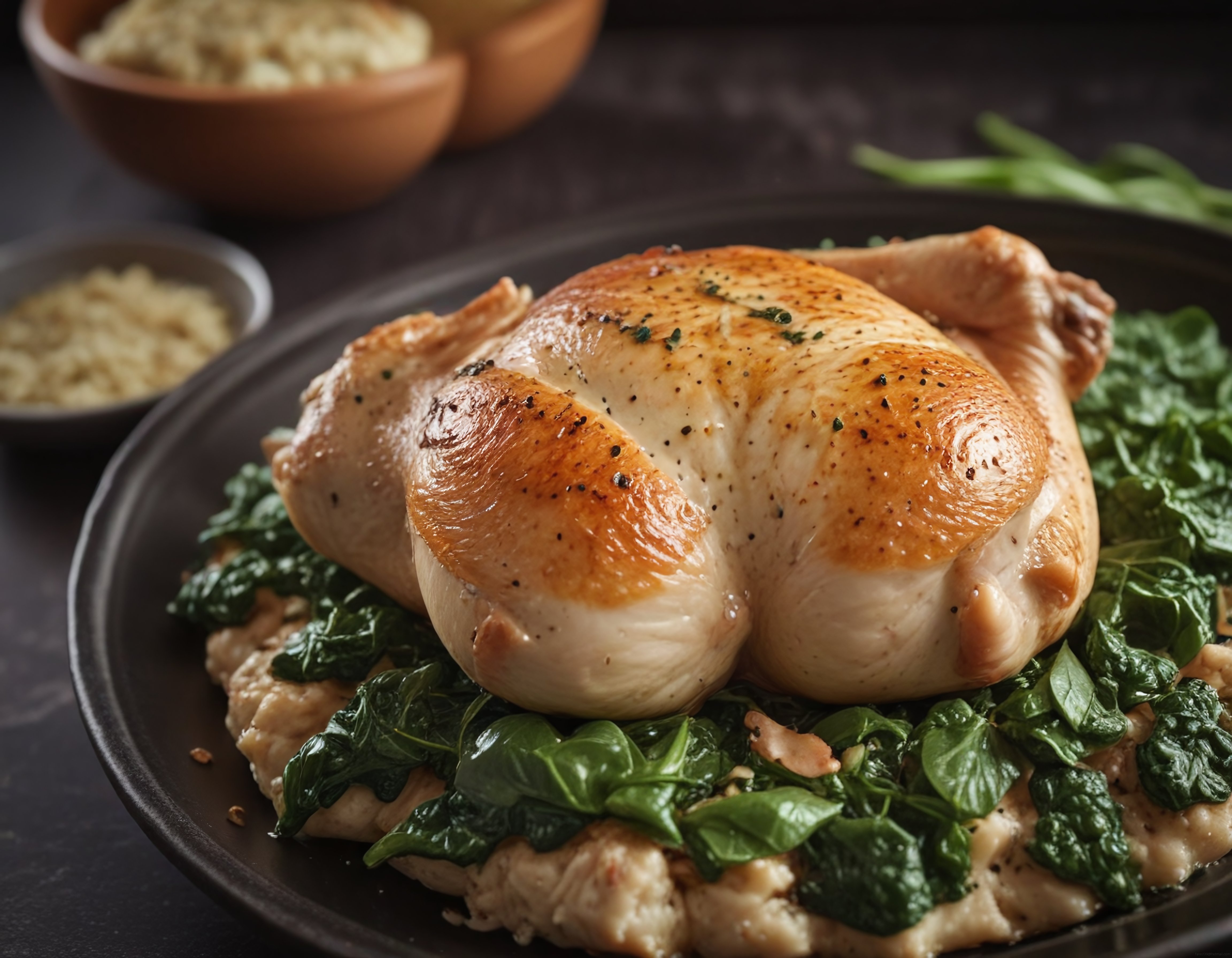Kızarmış Tavuk Göğsü ve Ispanak Yatağında Kremalı Risotto Tarifi